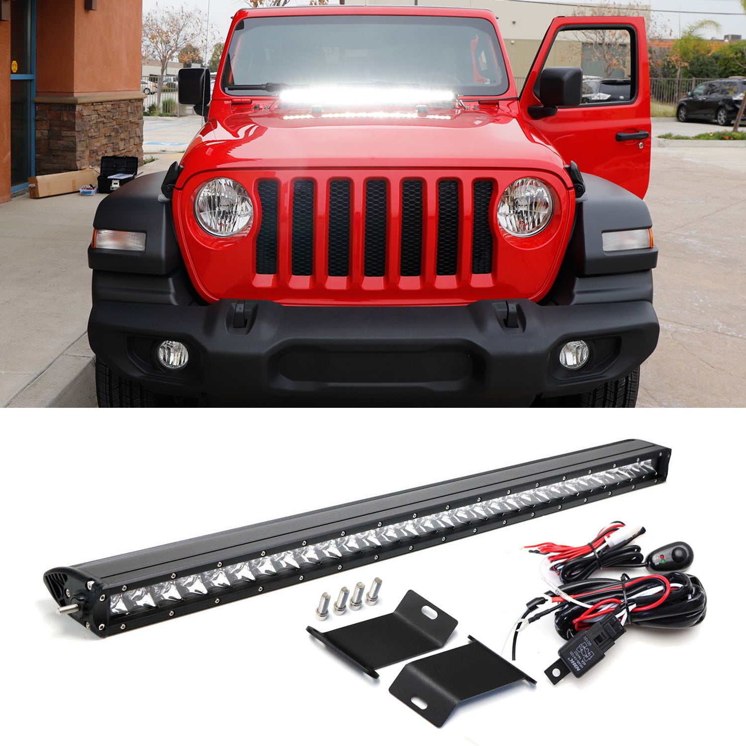 150W 30 LED Light Bar with Front Hood Top Bracket Wiring Kit for 2018+ Jeep Wrangler JL - Off-Road, Camping & Night Driving Lighting Upgrade