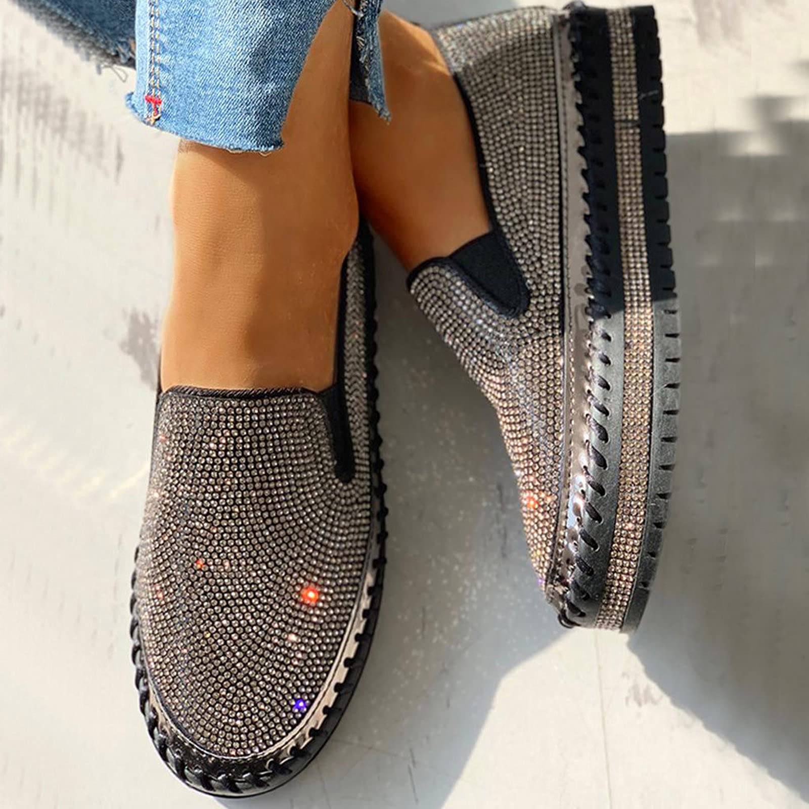 Women's Rhinestone Platform Slip-On Sneakers - Round Toe Low Cut Thick Sole Slip On Shoes for Walking, Skating & Casual Wear | Comfortable Flats for Everyday Use
