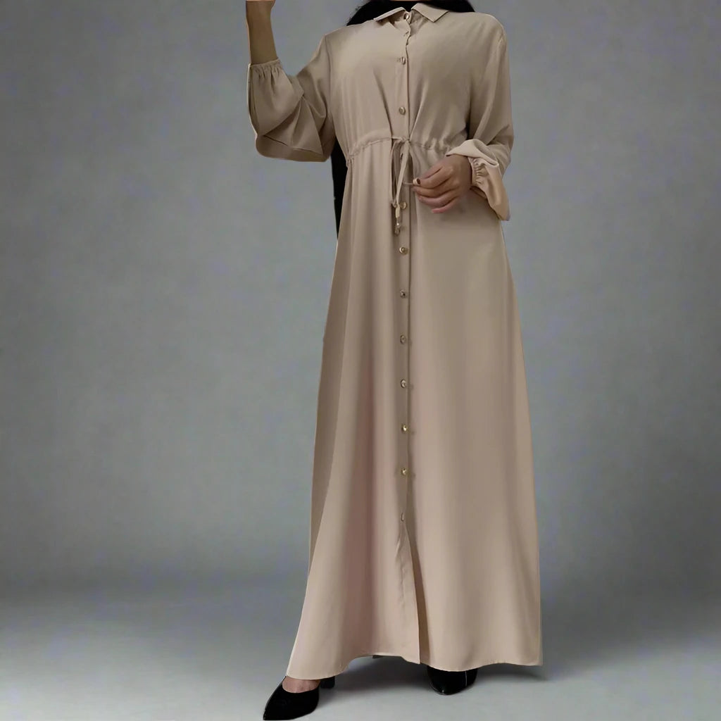 Elegant Muslim Button Up Abaya Dress with Stand Collar - Modest Islamic Prayer Dress for Women, Perfect for Mosque, Eid & Special Occasions