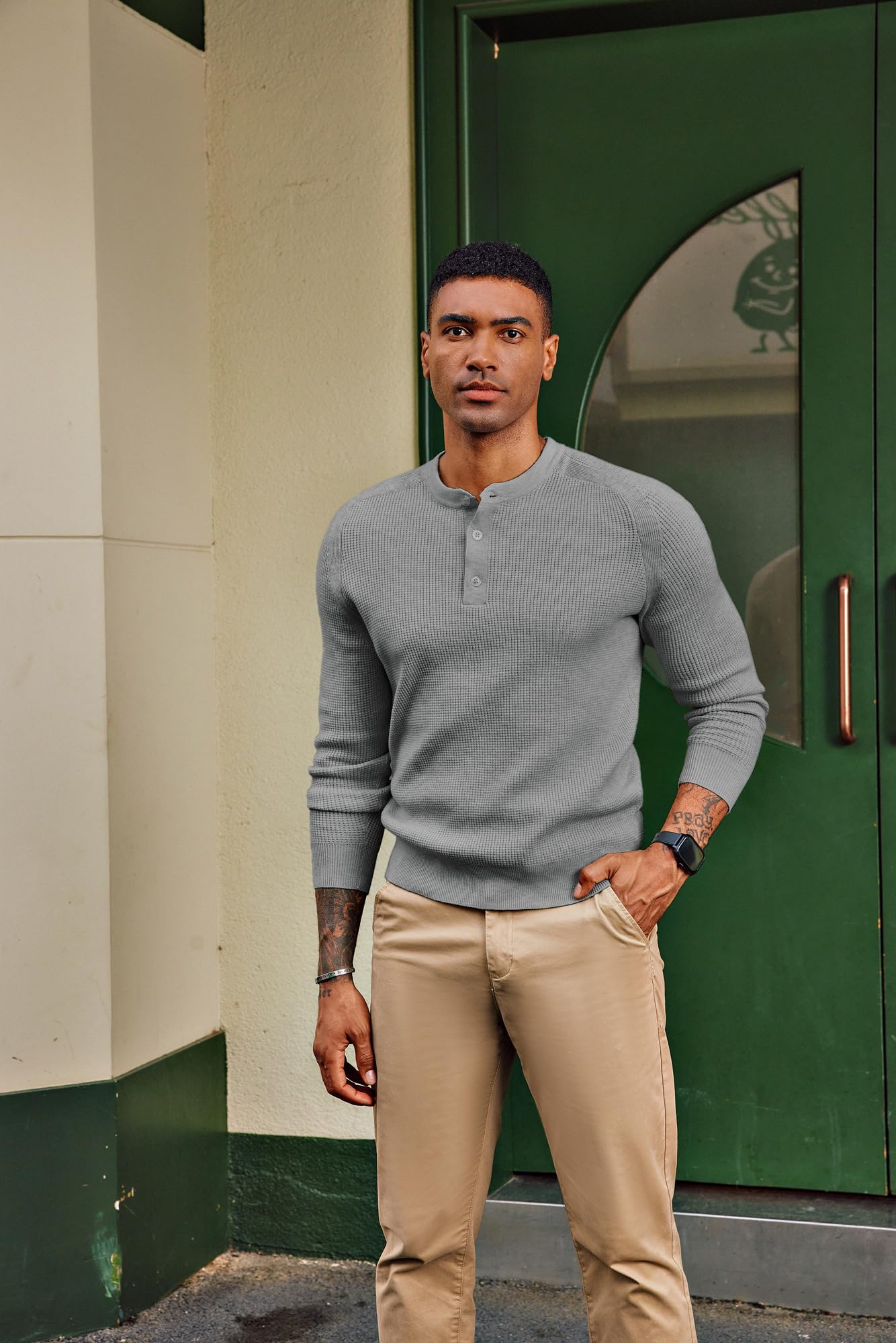 PJ PAUL JONES Men's Waffle Knit Pullover Sweater - Crew Neck & Henley Collar Design - Soft Fine Knit Jumper for Casual Wear, Office, and Winter Outfits