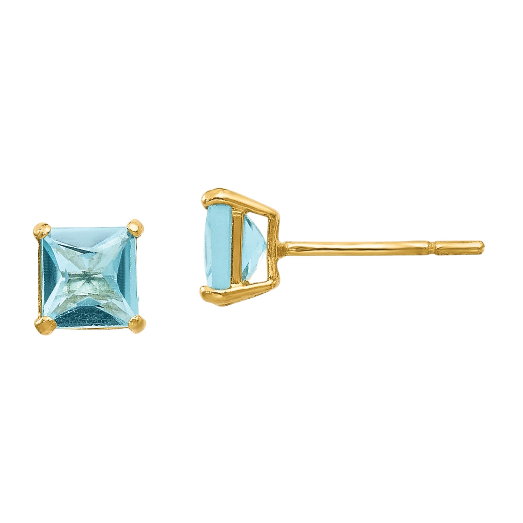 14K Solid Yellow Gold Sky Blue Topaz 4mm Square Stud Earrings - Dainty Gemstone Jewelry for Women, Perfect for Everyday Wear, Gift Giving & Special Occasions