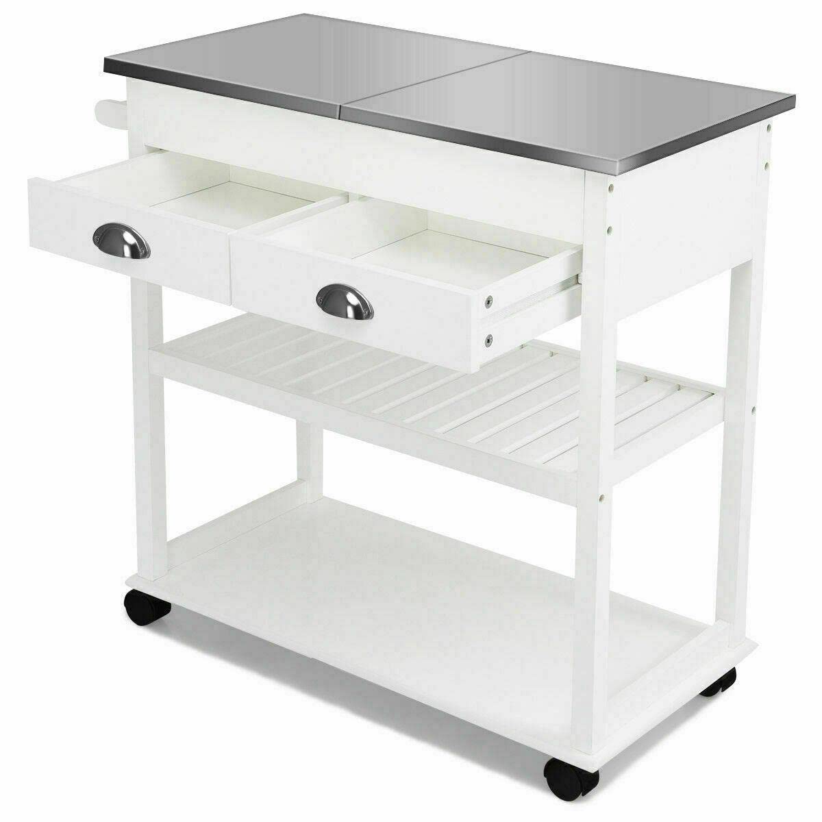 TratoKS Stainless Steel Rolling Kitchen Island Cart with Flip Tabletop & Drawer - White | Mobile Storage Solution for Small Kitchens, Dining Rooms & Food Prep Areas | Easy-to-Move Kitchen Trolley with Wheels