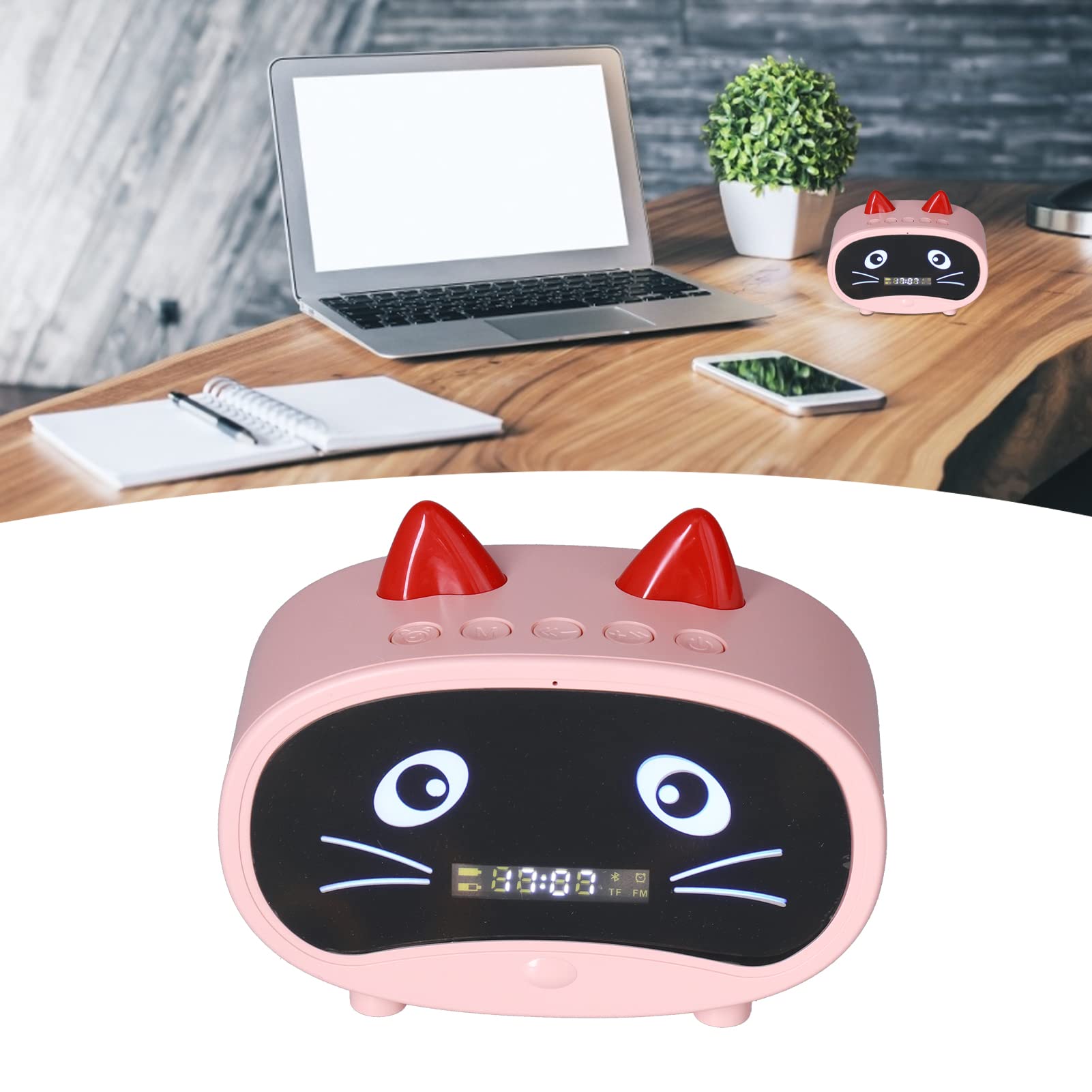 Wireless Bluetooth Speaker with Dual Alarm Clock, FM Radio, LED Display & Cat Ear Design - Portable Mini Speaker for Bedroom, Office, Travel | 1000mAh Battery, USB/SD Card Support (Pink) - Perfect for Home Decor, Gift Giving & Personal Use