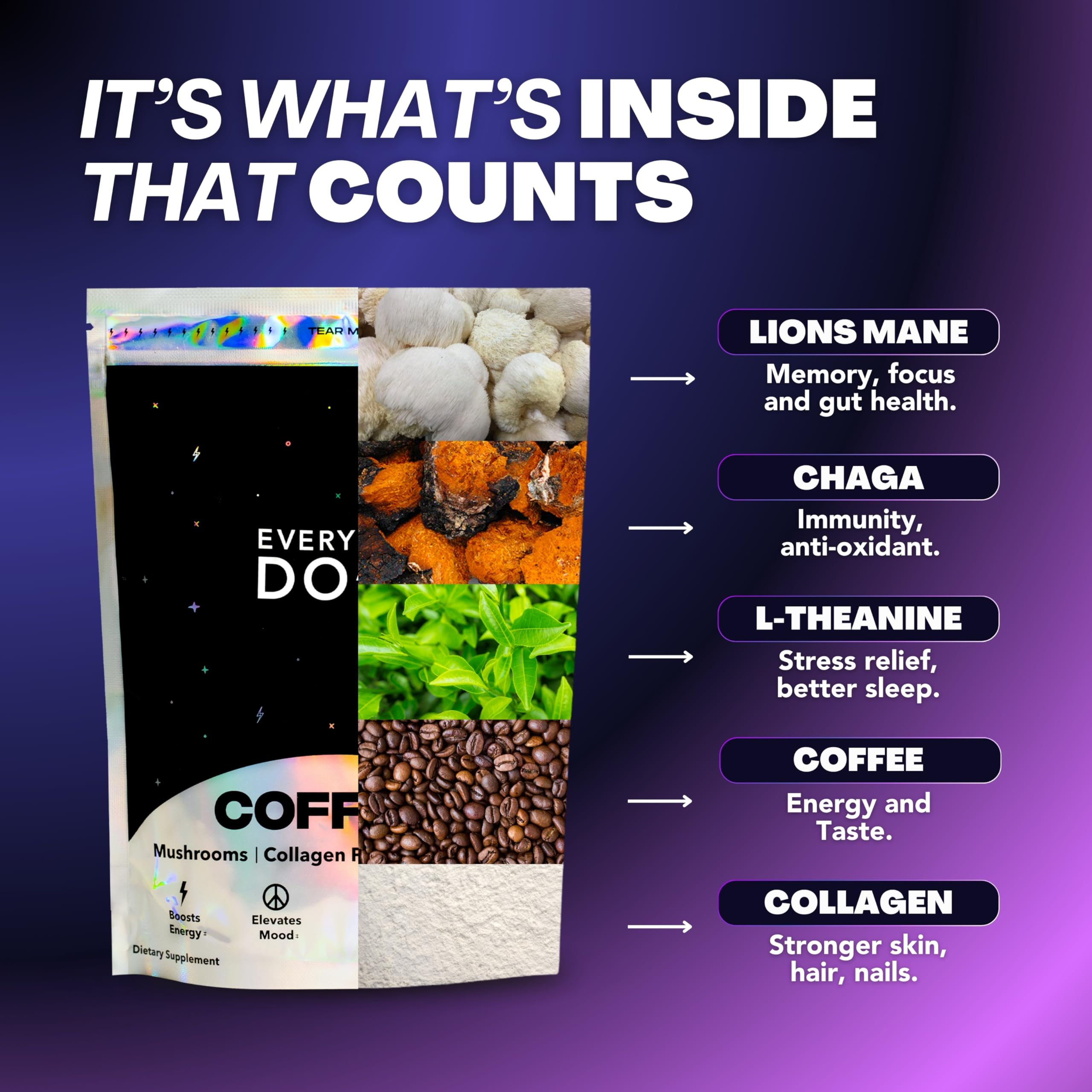 Premium Adaptogenic Mushroom Coffee with Grass-Fed Collagen, Chaga, Lion's Mane & L-Theanine - Boost Focus, Energy & Immunity | 30 Servings | Perfect for Morning Routine, Workout Recovery & Stress Relief