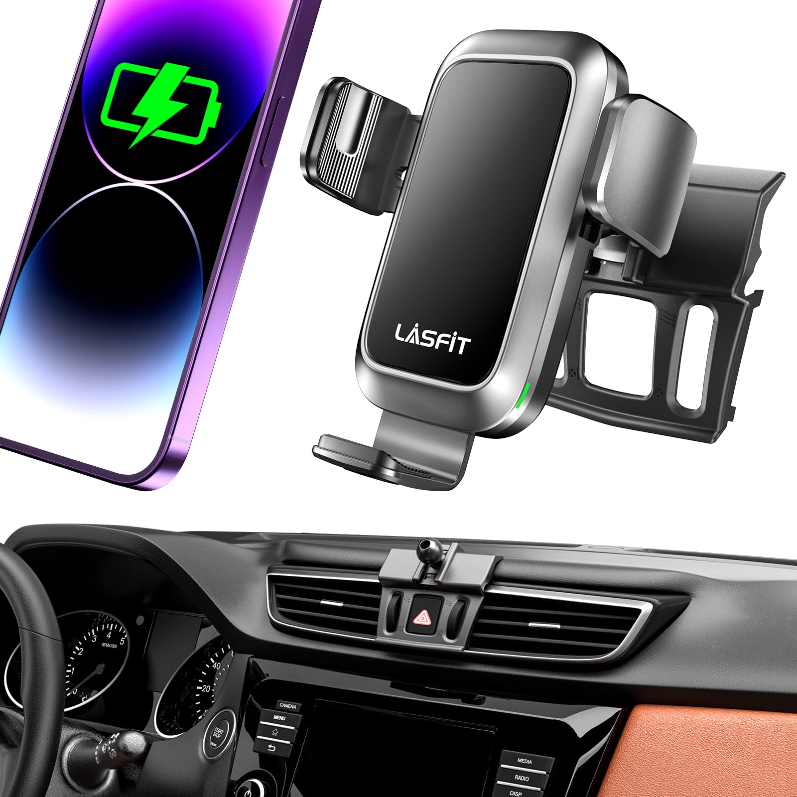 Wireless Car Charger & Phone Mount for Nissan Rogue 2014-2020 - Qi-Certified Fast Charging Auto Clamping Holder for iPhone, Samsung, LG & Most Qi Smartphones - Dashboard, Windshield & Air Vent Mount - Perfect for Commuting, Road Trips & GPS Navigation