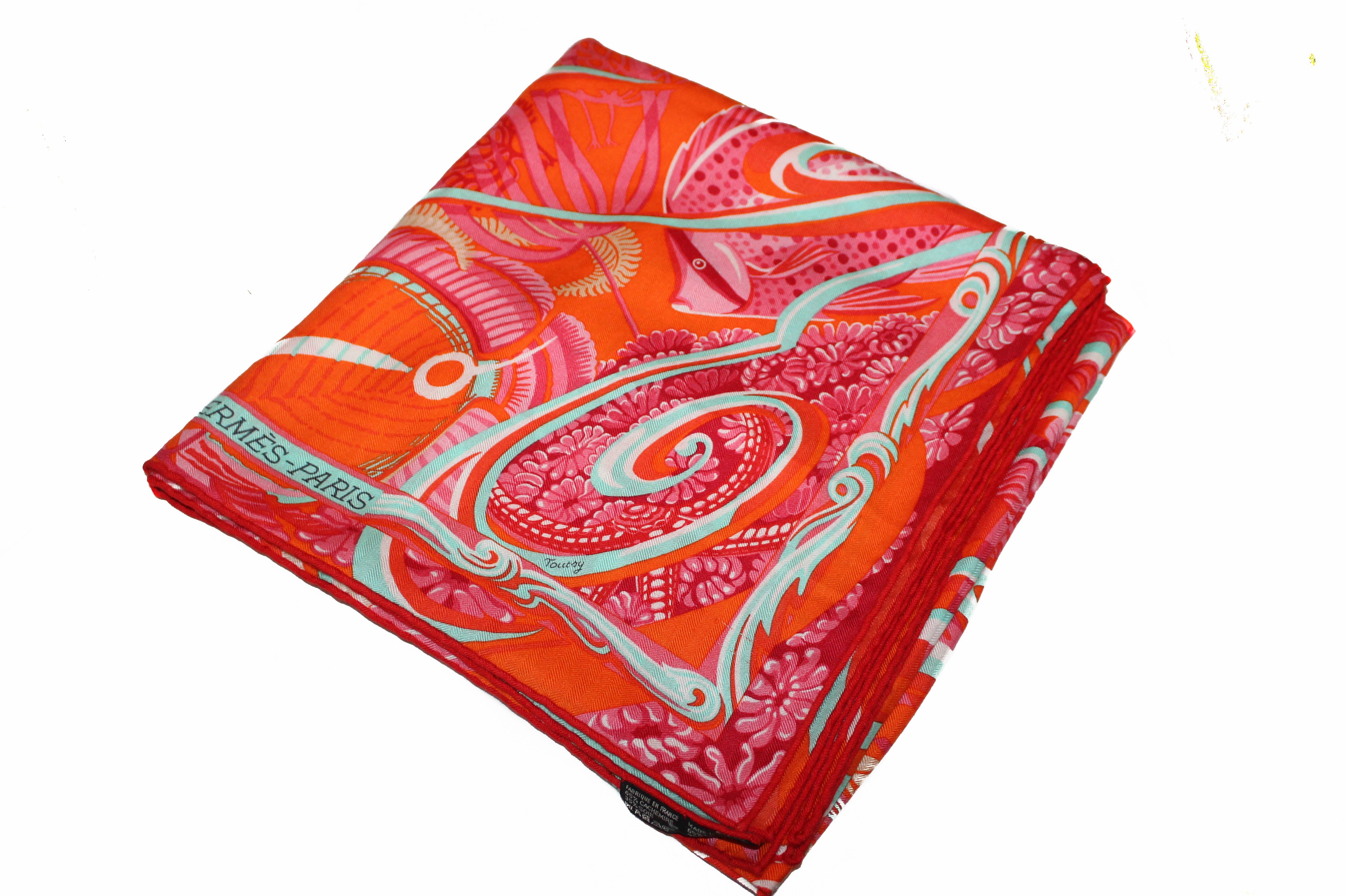 Authentic Hermes Cashmere Silk De La Mer Au Ciel Shawl 140 - Orange Vert Corail Scarf Wrap for Women | Luxury Fashion Accessory for Parties, Weddings & Special Occasions