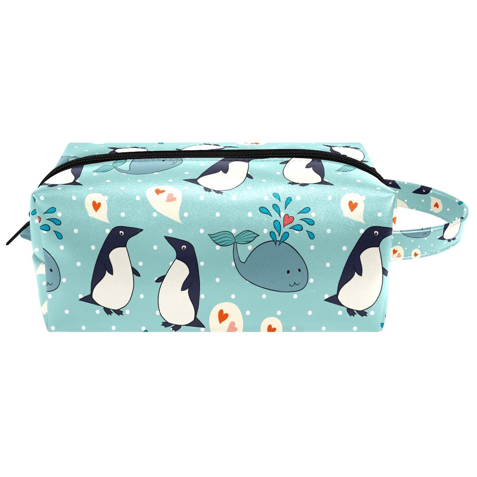 Cute Whale Penguin Blue Waterproof Cosmetic Bag for Women & Girls - Leather Travel Toiletry Bag with Handle & Zipper - Portable Square Makeup Case for Travel, Gym, Beach & Daily Use