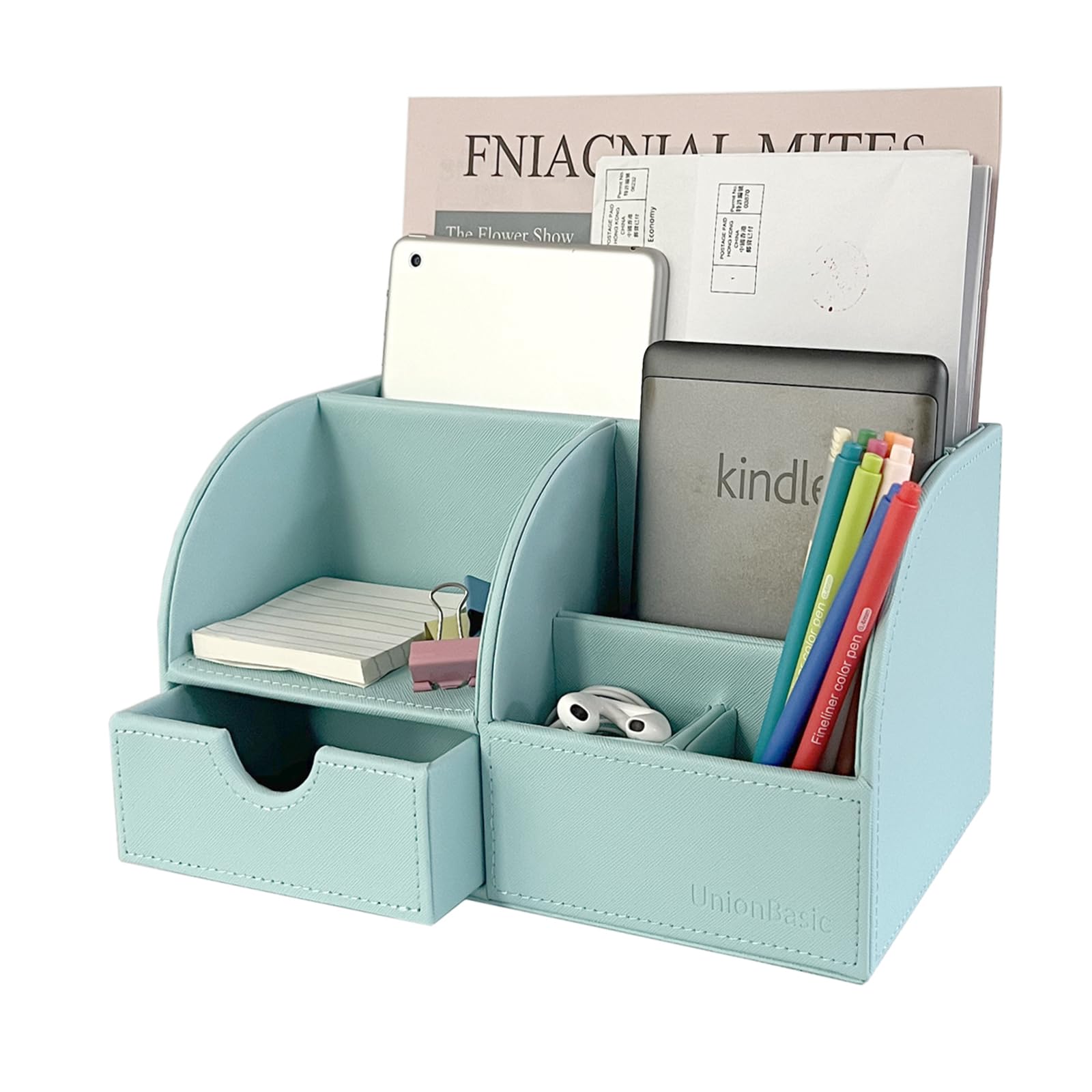 UnionBasic Desk Organizer - Multifunctional Leather Desktop Pen Holder & Storage Box for Business Cards, Pens, Pencils, Phone & Stationery (Aruba Blue) - Perfect for Office, Home & Workspace Organization