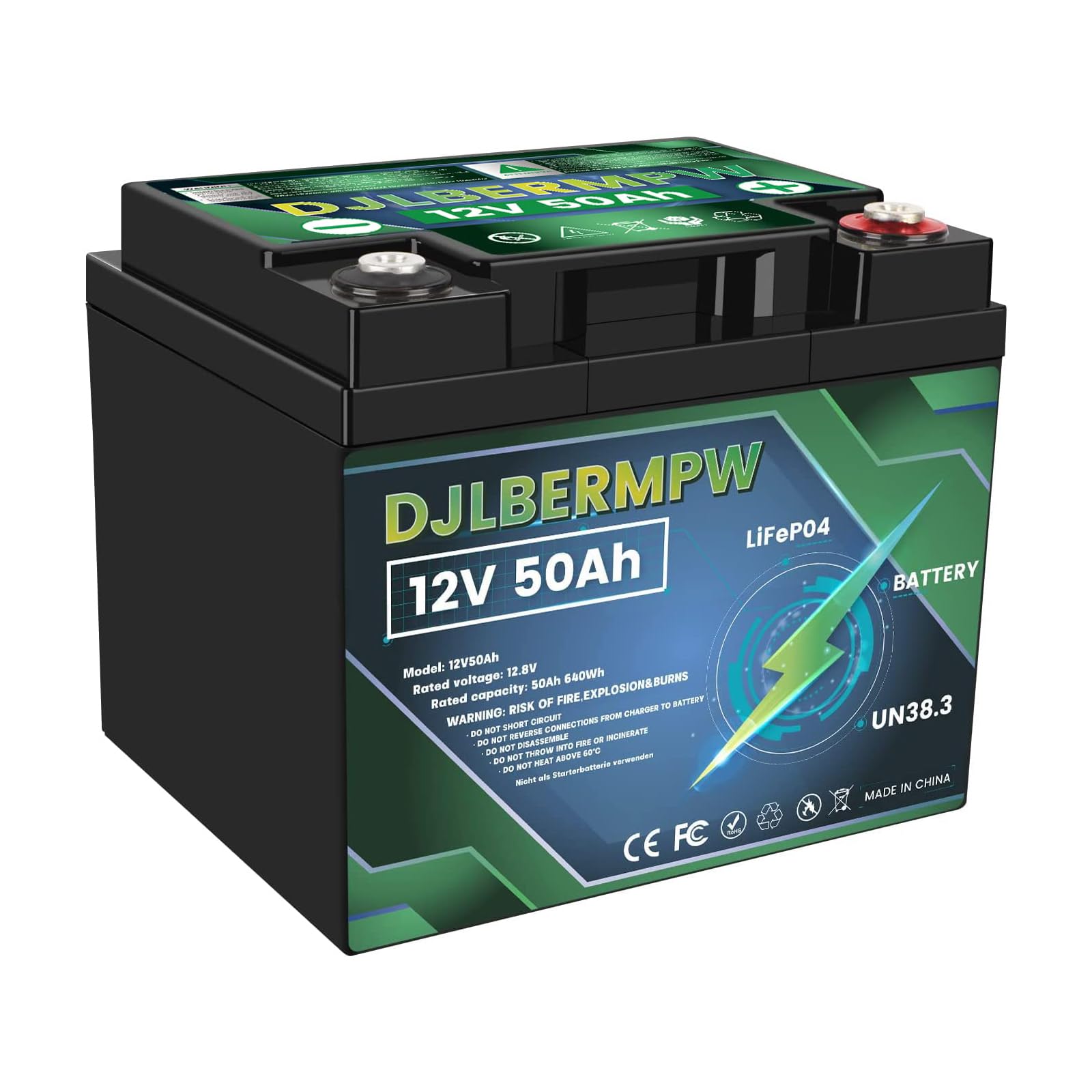 12V 50Ah LiFePO4 Deep Cycle Lithium Battery with 50A BMS - 640W Load Power, 4000+ Cycles - Perfect for RV, Marine, Golf Cart, Solar & Camping Power Systems