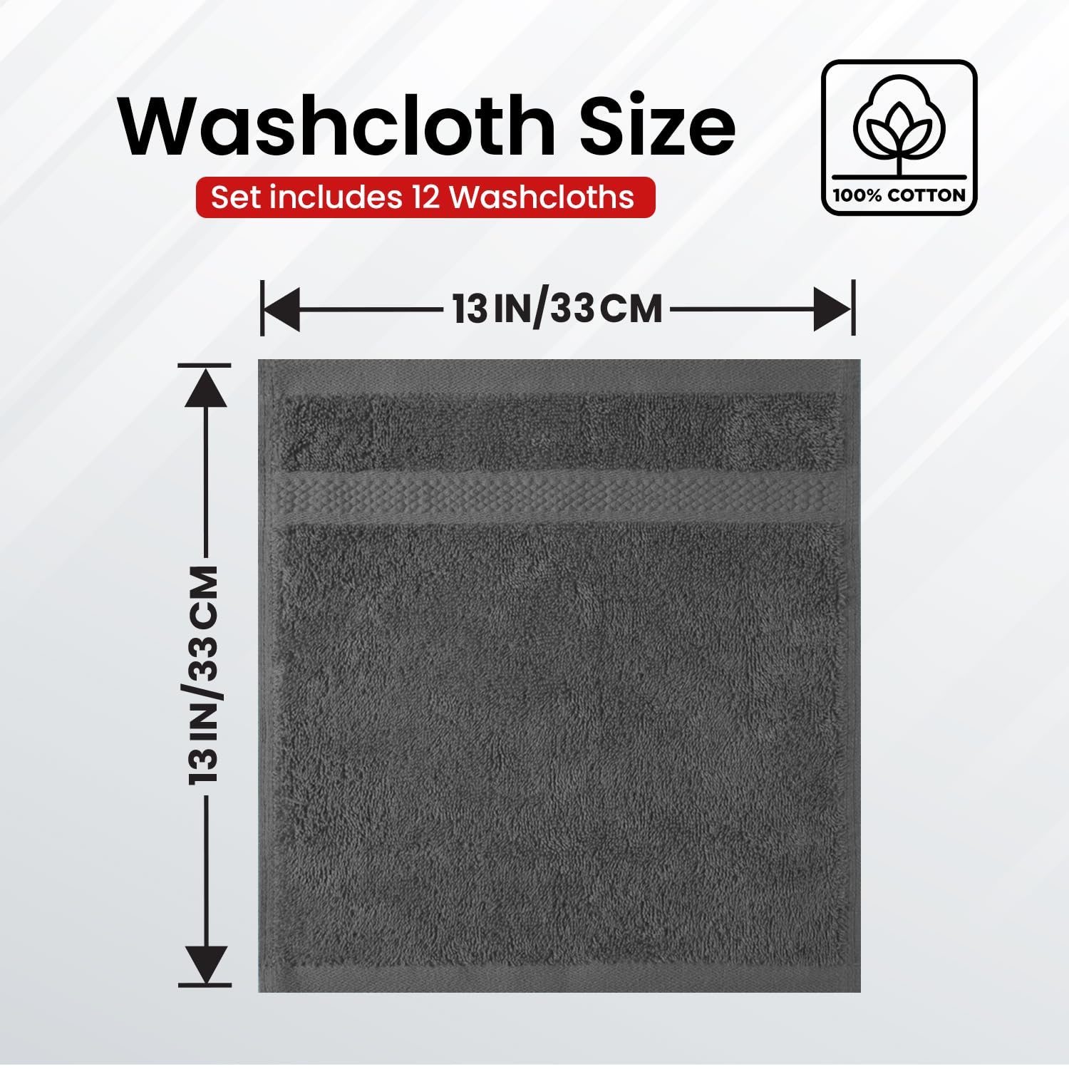 Premium 100% Cotton Luxury Washcloths for Bath & Spa - Ultra Soft & Absorbent Face Towels [13x13 Inches, Pack of 12] - Perfect for Shower, Gym, Facial Care & Home Spa Relaxation (Shadow Grey)