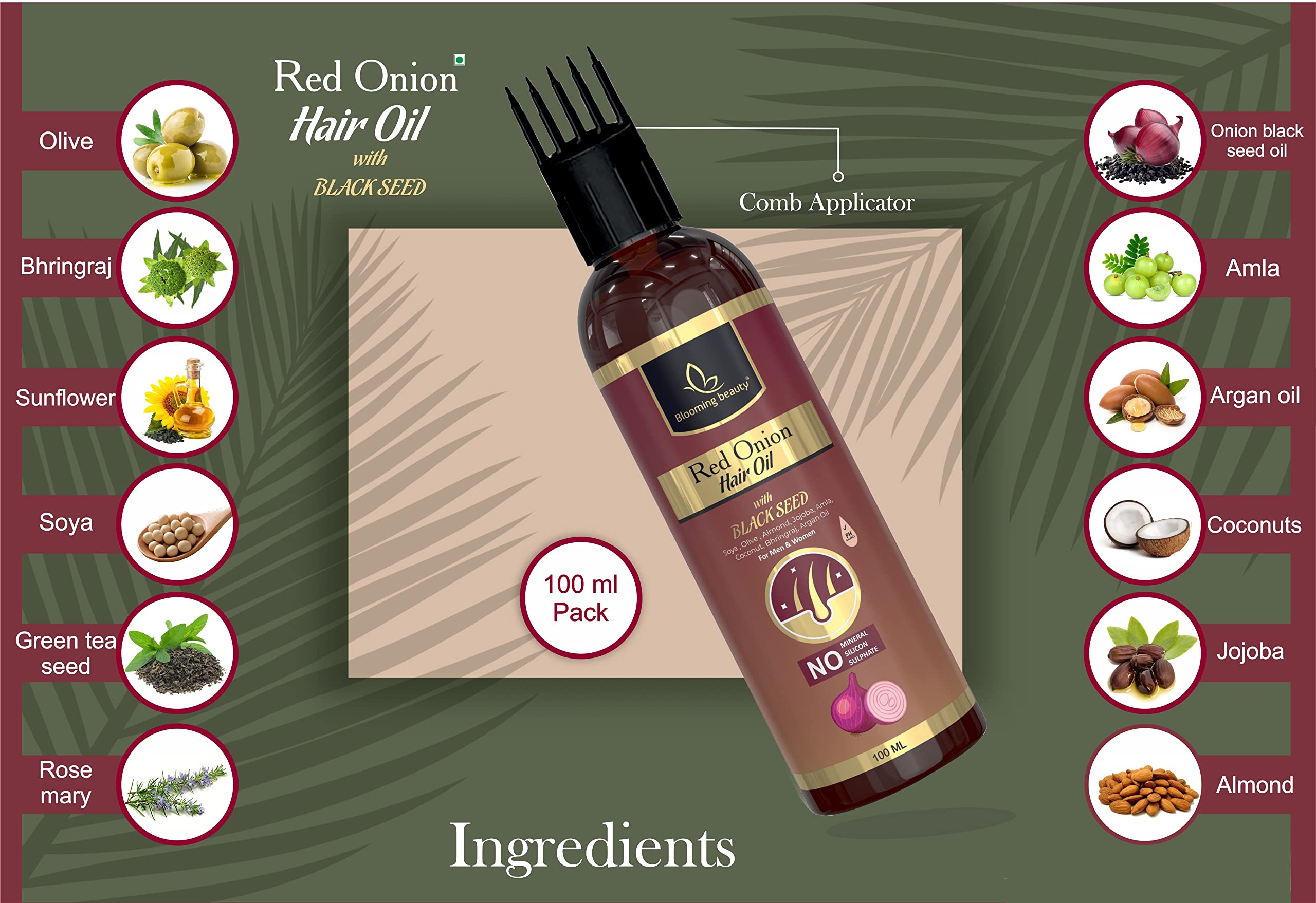 Blooming Beauty Red Onion Hair Growth Oil with Black Seed, Aloe Vera, Neem Leaf & Green Tea - 16 Natural Extracts for Hair Loss Control & Healthy Scalp (100ml with Oil Comb Cap) - Perfect for Daily Hair Care & Thinning Hair Treatment