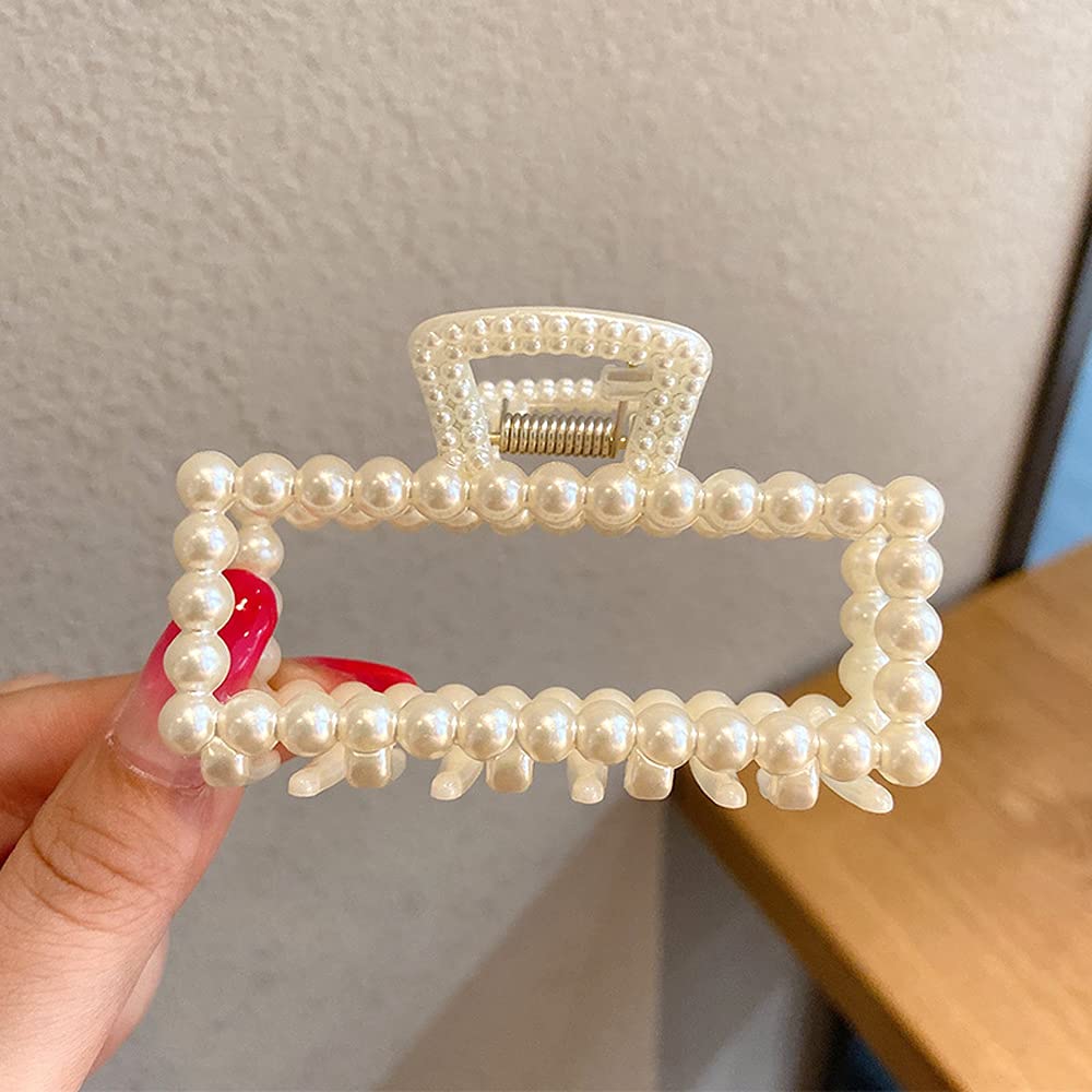 Champagne Pearl Hair Claw Clips for Women - Medium Size Non-Slip Retro Barrettes, Decorative Hair Accessories & Styling Tools (Rectangle) - Perfect for Weddings, Parties, and Everyday Elegant Hairstyles