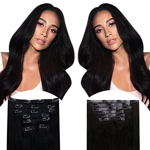 Vivien Black Clip-In Hair Extensions 16 Inch - 100% Real Human Remy Hair, Silky Straight, 7-Piece Set for Women | Seamless & Invisible for Everyday, Party & Special Occasions