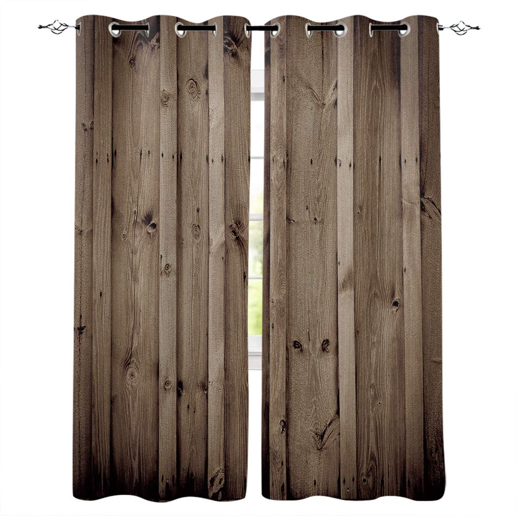 Blackout Curtains for Bedroom & Living Room - Light Blocking Thermal Insulated Window Drapes with Retro Brown Wood Grain Print (2 Panels, 104