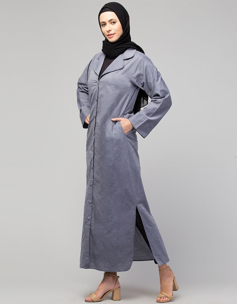 Sky Blue Arabic Abaya with Self-Fabric Buttons & Coat Collar - Modest Islamic Dress for Prayer, Mosque & Special Occasions