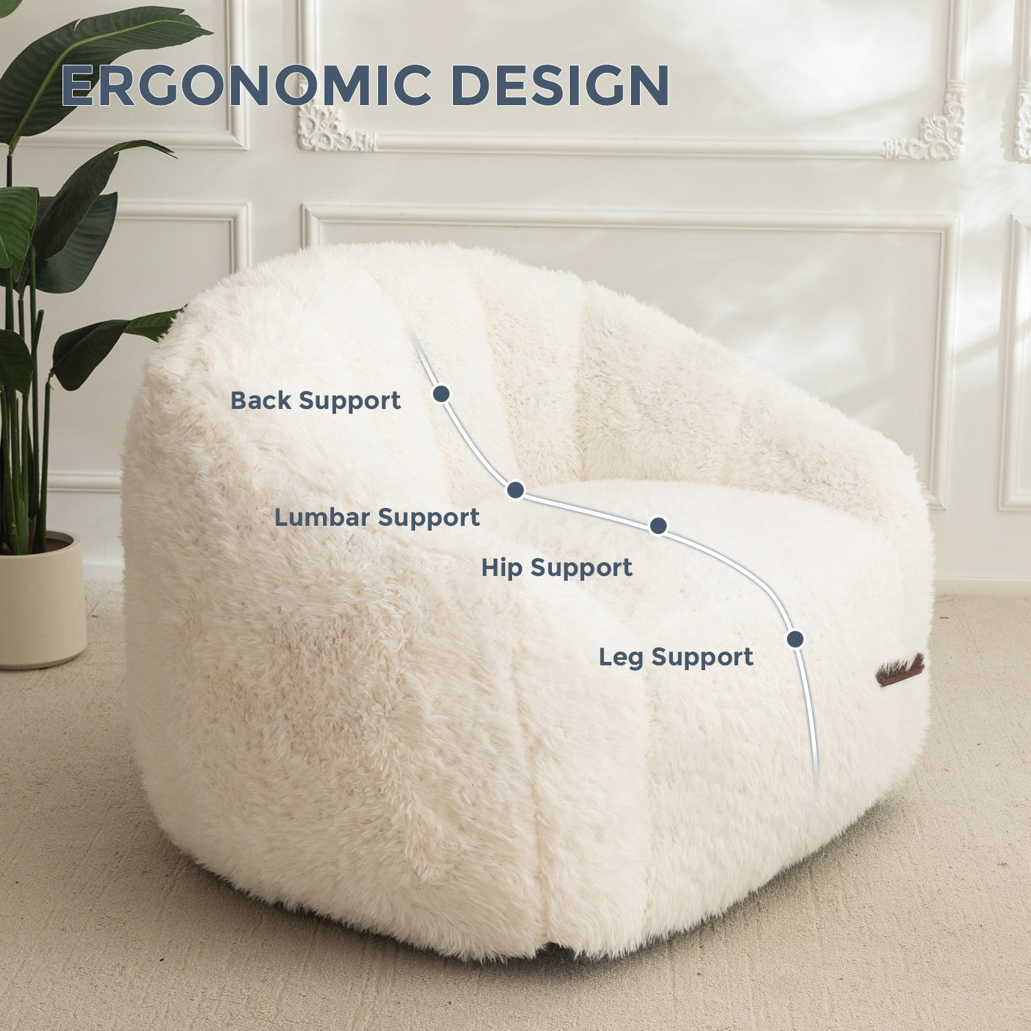MAXYOYO Giant Bean Bag Chair - Fluffy Shaggy Floor Sofa with Shell Design, White - Perfect for Living Room, Bedroom, Dorm & Game Room Comfortable Seating