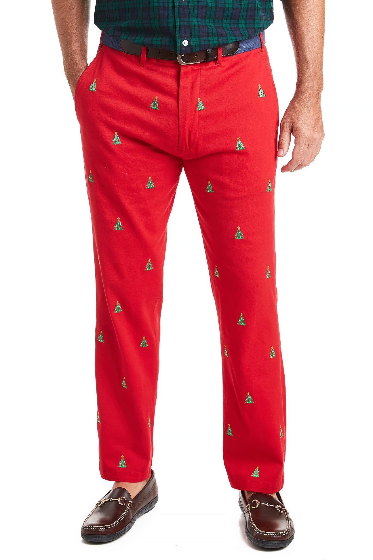 Stretch Twill Harbor Pants in Bright Red - Festive Christmas Tree Design for Holiday Parties & Casual Wear