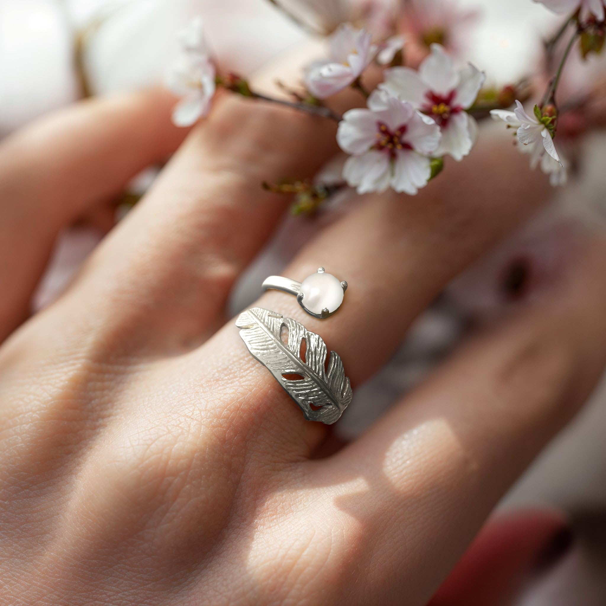 925 Sterling Silver Pearl Bypass Rings for Women | Elegant Feather Design Anniversary & Statement Jewelry | Perfect for Weddings, Date Nights & Special Occasions