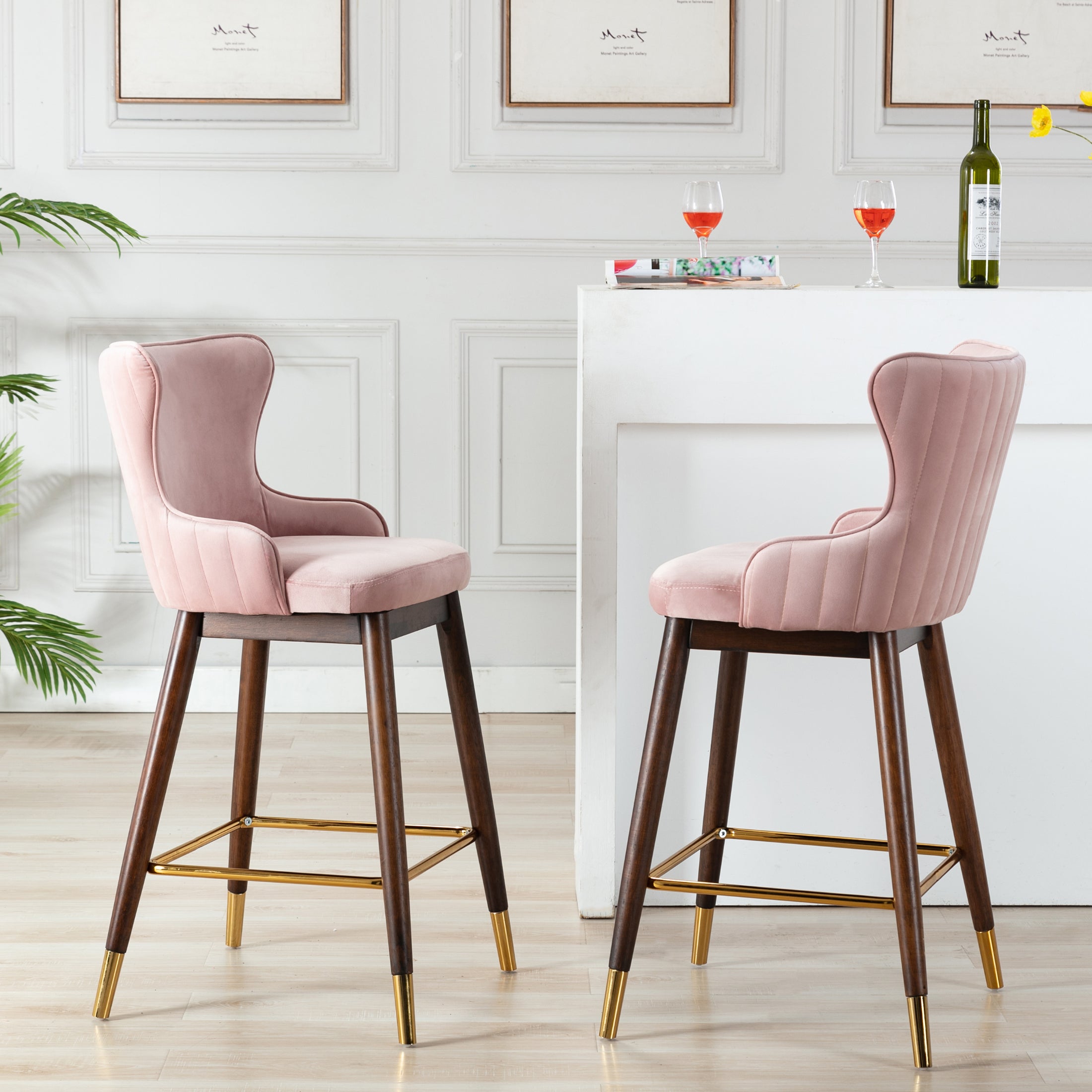 Roundhill Furniture Leland Fabric Upholstered Wingback Bar Stools - Pink Set of 2, Comfortable Kitchen Island Stools for Dining Room, Bar Counter & Home Decor