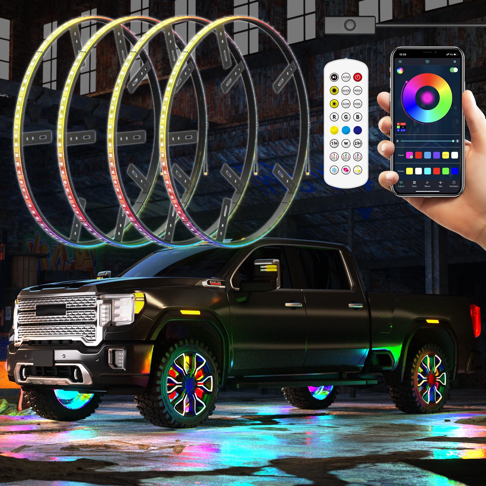 SUNPIE 17 Inch Universal Wheel Lights for Trucks & SUVs - Sequential Turn Signal, Brake Light, Multi-Color LED Wheel Well Kit (Fits 21-22 Inch Rims) - 4 PC Set for Off-Road, Car Shows & Night Driving
