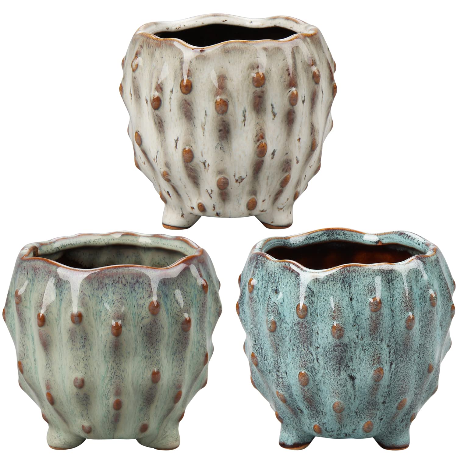 3.9 Inch Ceramic Planters with Legs - Set of 3 Small Glazed Succulent & Flower Pots for Indoor Plants | Perfect for Home Decor, Office Desk, Windowsill & Gift Giving