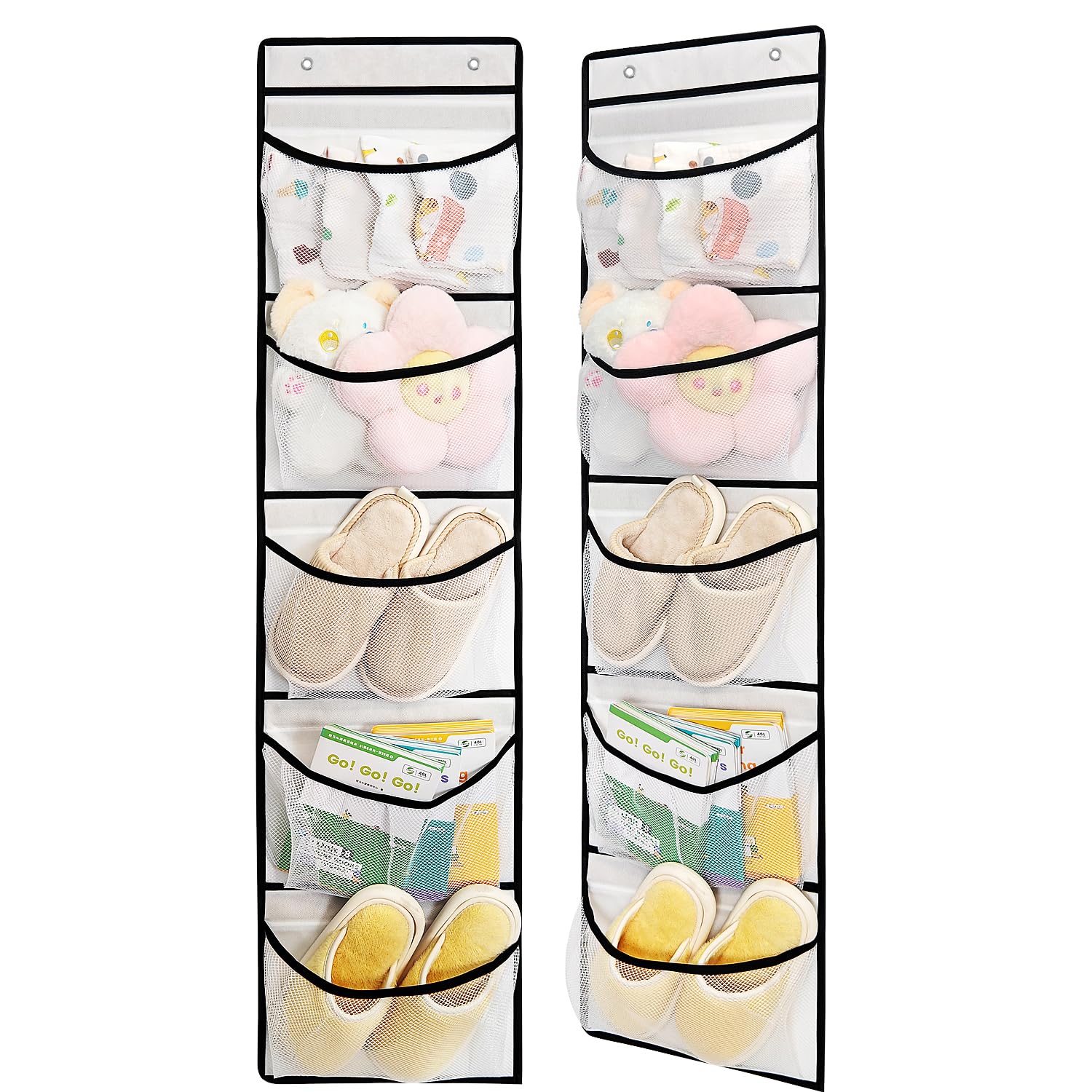 Over the Door Hanging Shelves with 5 Mesh Pockets - 2 Pack White Closet Organizer for Bedroom, Bathroom & Entryway Storage - Perfect for Towels, Shoes, Toys & Accessories