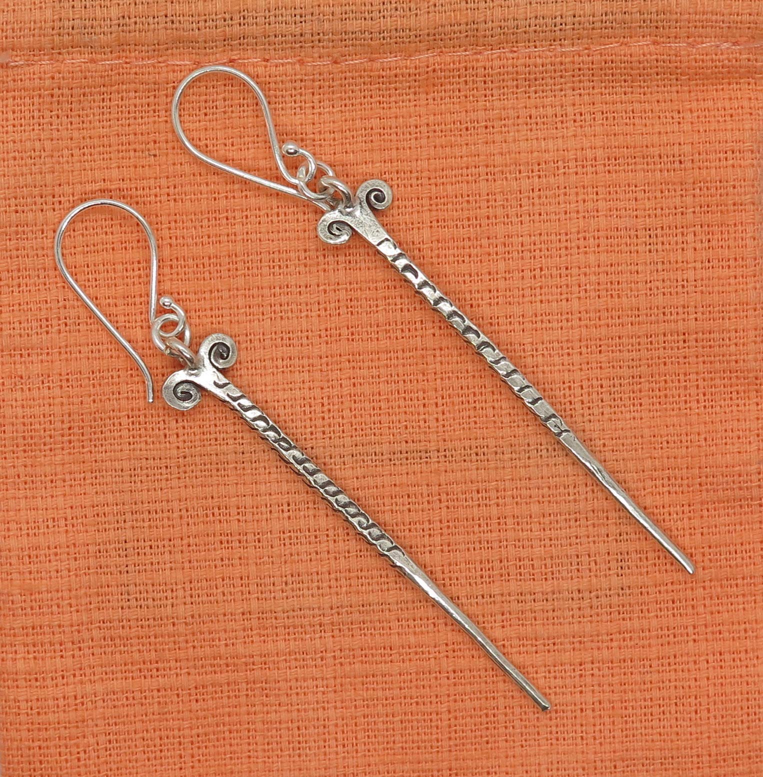 Handmade Sterling Silver Needle Spike Long Dangle Earrings with Tribal Thorn & Ethnic Motifs - Perfect for Boho Fashion, Festival Jewelry & Unique Gift Ideas