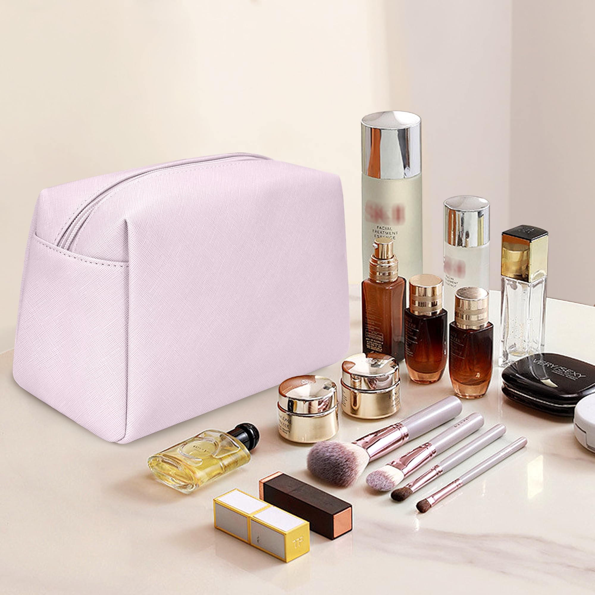 Waterproof PU Leather Travel Toiletry Bag for Women - Large Cosmetic Organizer with Packing Cubes, Makeup & Toiletries Accessories (Pink) | Perfect for Air Travel, Gym, Camping & Weekend Getaways