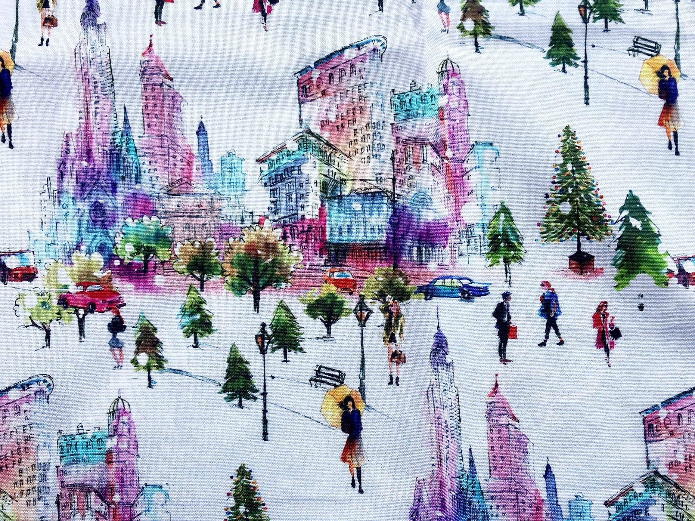 City Life - 24 Inch Square Cotton Bandana Scarf | 100% Soft Breathable Fabric | Handmade Watercolor Art Print | Made in USA | Perfect for Outdoor Activities, Fashion Accessories & Gift Giving