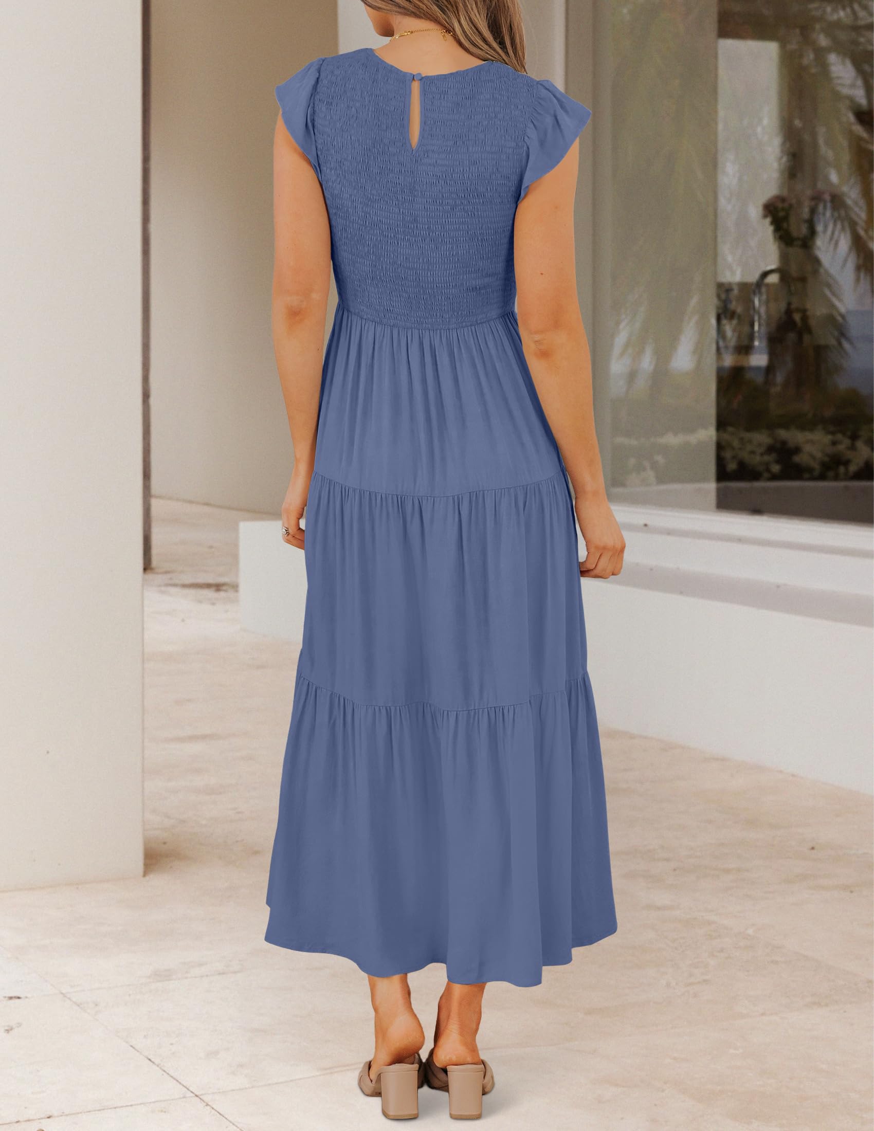 ZESICA Women's Summer Flutter Short Sleeve Smocked Waist Tiered Midi Dress - Casual Crew Neck Elastic Waist Flowy Dress for Beach, Vacation & Everyday Wear