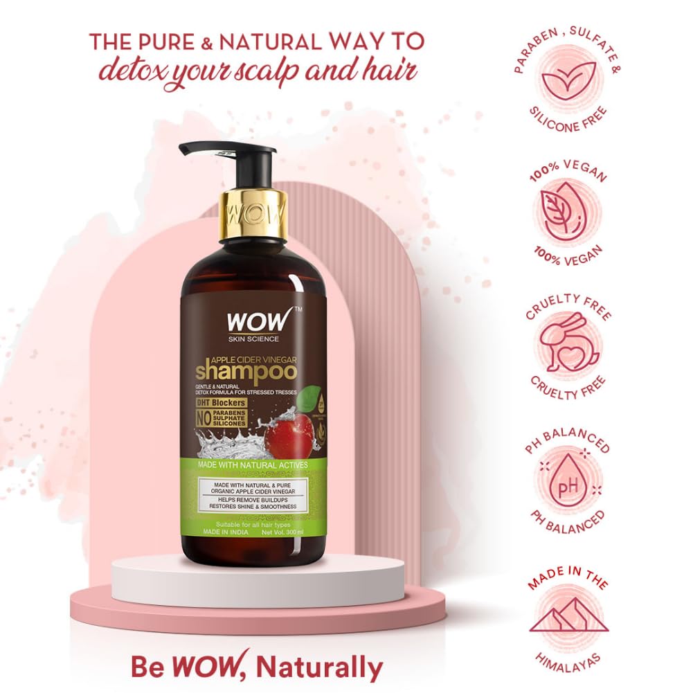 WOW Skin Science Apple Cider Vinegar Shampoo with DHT Blockers - Natural Detox & Buildup Removal for Hair Growth | Sulfate-Free Formula for Men & Women (300ml) | Perfect for Daily Use & Scalp Care