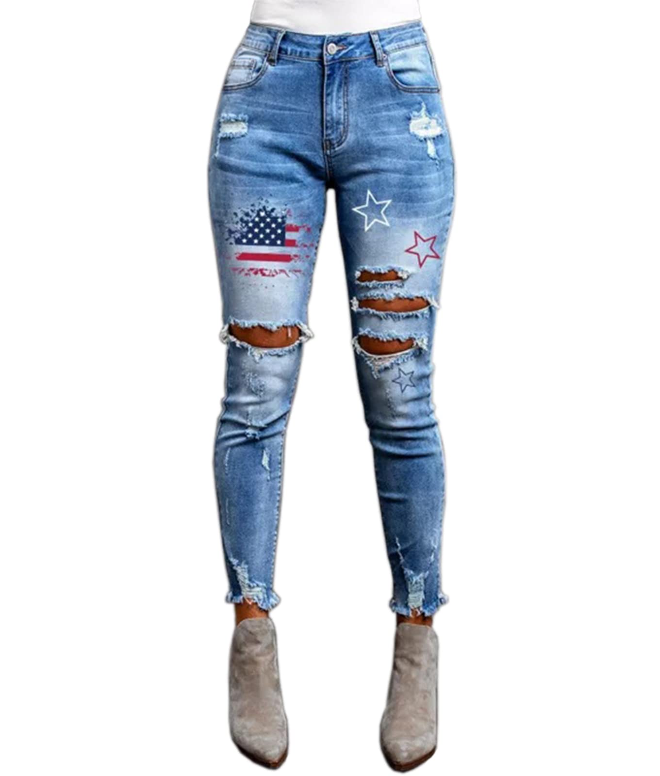 4th of July American Flag Distressed Ankle Skinny Jeans for Women - Patriotic Stretch Denim Pants for Independence Day Celebrations & Casual Outfits