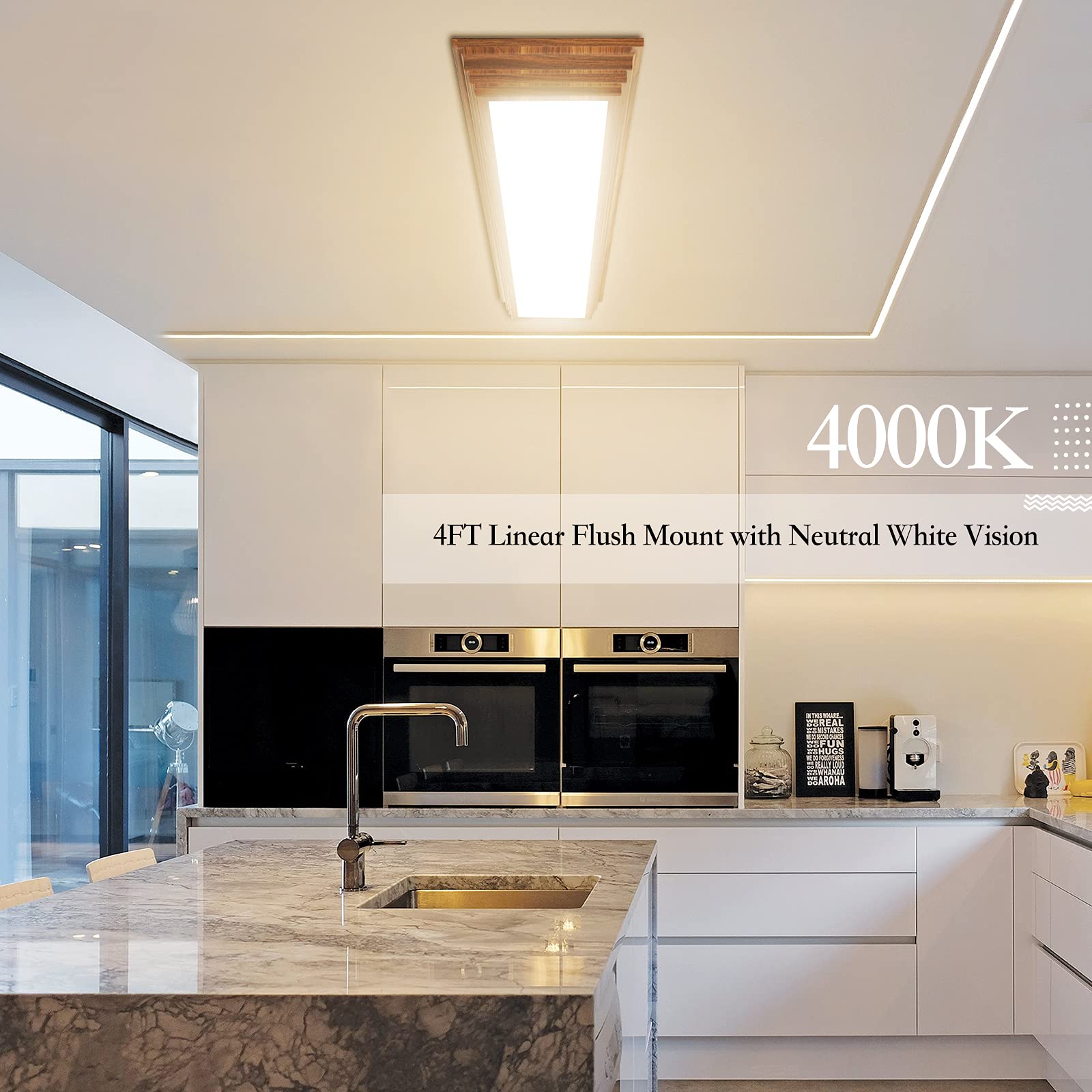 FAITHSAIL 4FT LED Light Fixture - 3000K/4000K/5000K Selectable Color Temperature, Dimmable 50W 5500LM Flush Mount Ceiling Light with Wooden Look - Perfect for Kitchen Lighting, Bedroom Ambiance & Laundry Room Illumination