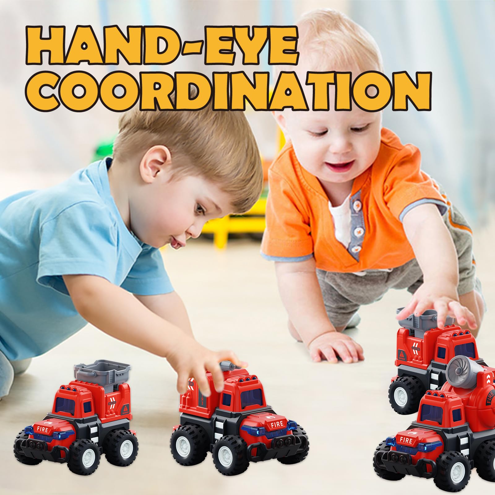 **4-Pack Fire Truck Toy Cars for Toddlers Ages 1-3 | Press N Go & Pull Back Emergency Vehicles for Boys & Girls | Sandbox, Construction Play & Birthday Gifts for 1-3 Year Olds**