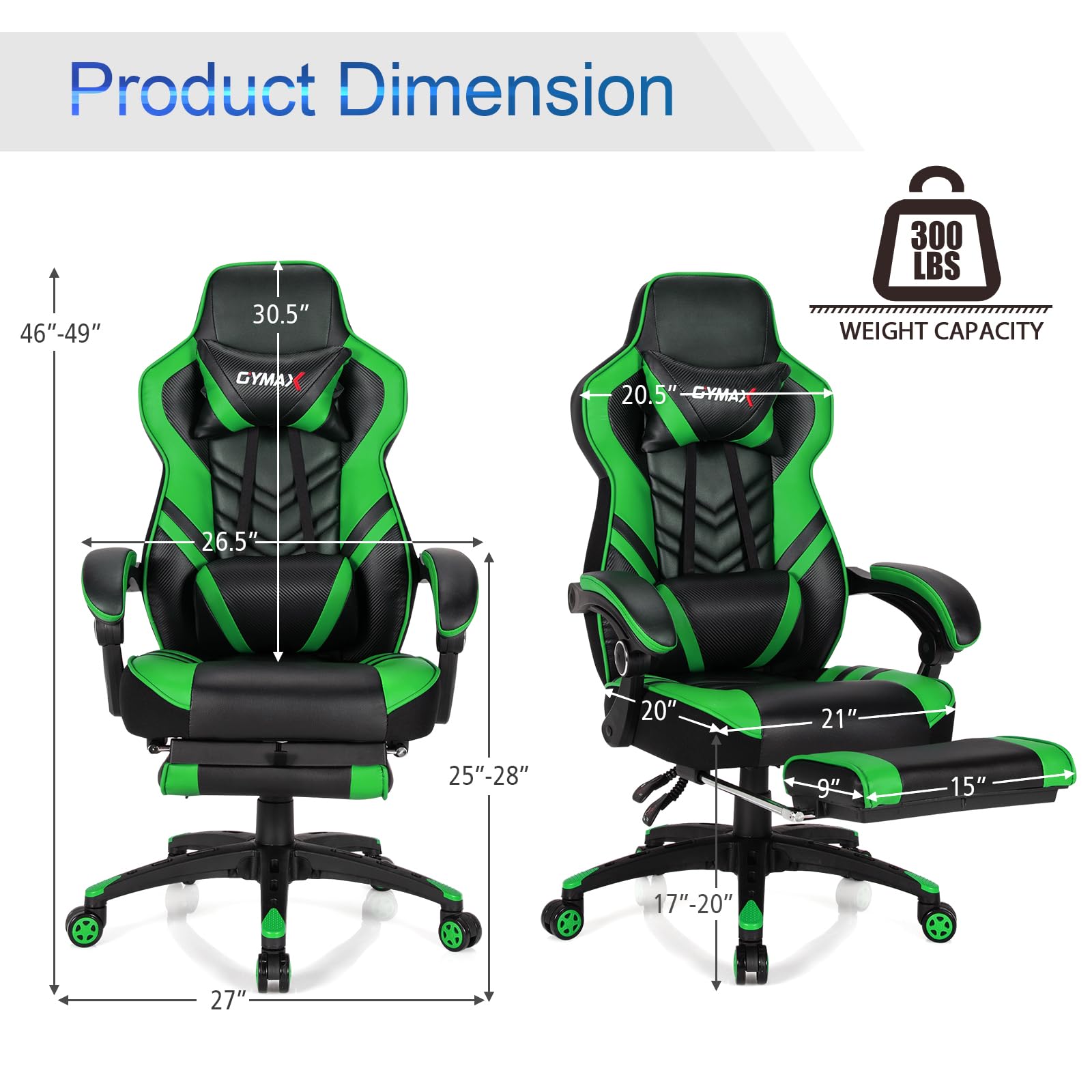 **POWERSTONE Gaming Chair - Ergonomic Racing Style PU Leather Computer Chair with Adjustable Lumbar Support & Footrest - Green - Perfect for Esports, Streaming & Office Work**