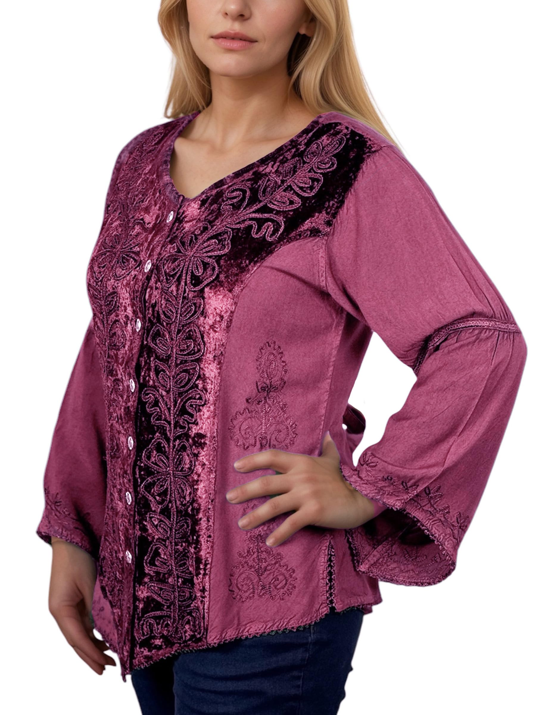 Agan Traders 2025 Long Sleeve Velvet Blouse for Women - Vintage Renaissance Button Down Embroidered Top | Spring Winter Fashion | Perfect for Parties, Weddings & Renaissance Fairs