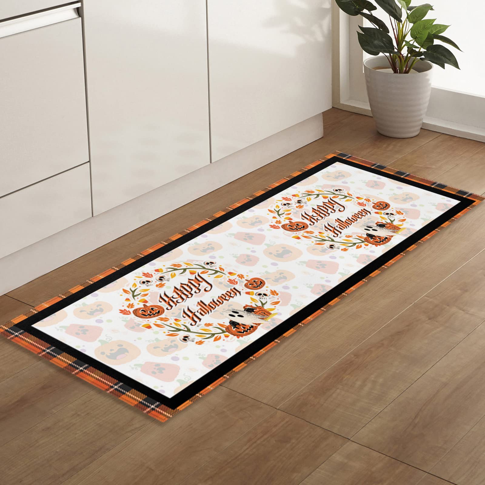 Soft Plush Non-Slip Halloween Orange Check Ghost Floral Bathroom Rug - Absorbent Shaggy Doormat for Bathroom, Bedroom & Living Room (24x71 Inch) - Perfect for Halloween Decor, Cozy Home & Indoor Floor Protection