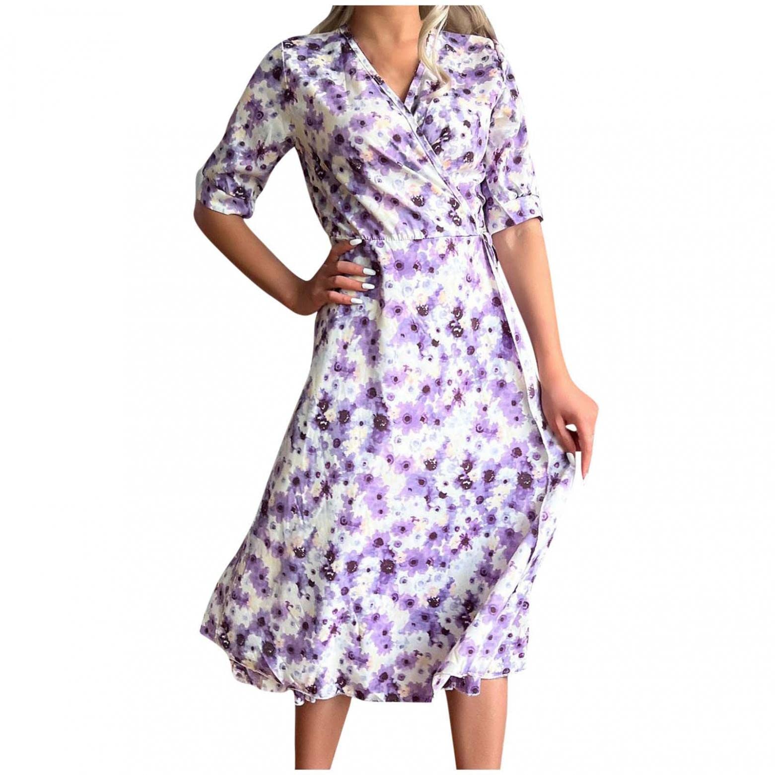 Women's Floral Wrap Dress - V Neck Casual Swing A-Line Midi Dress for Party, Office & Everyday Wear | Summer Boho Chic Outfit
