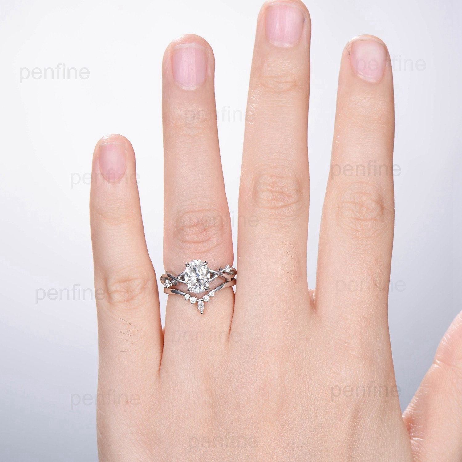 1.5CT Oval Brilliant Moissanite Engagement Ring Set in 14K White Gold - Nature Inspired Branch Design Vintage Bridal Wedding Ring Set for Her - Perfect for Proposals, Anniversaries & Special Occasions