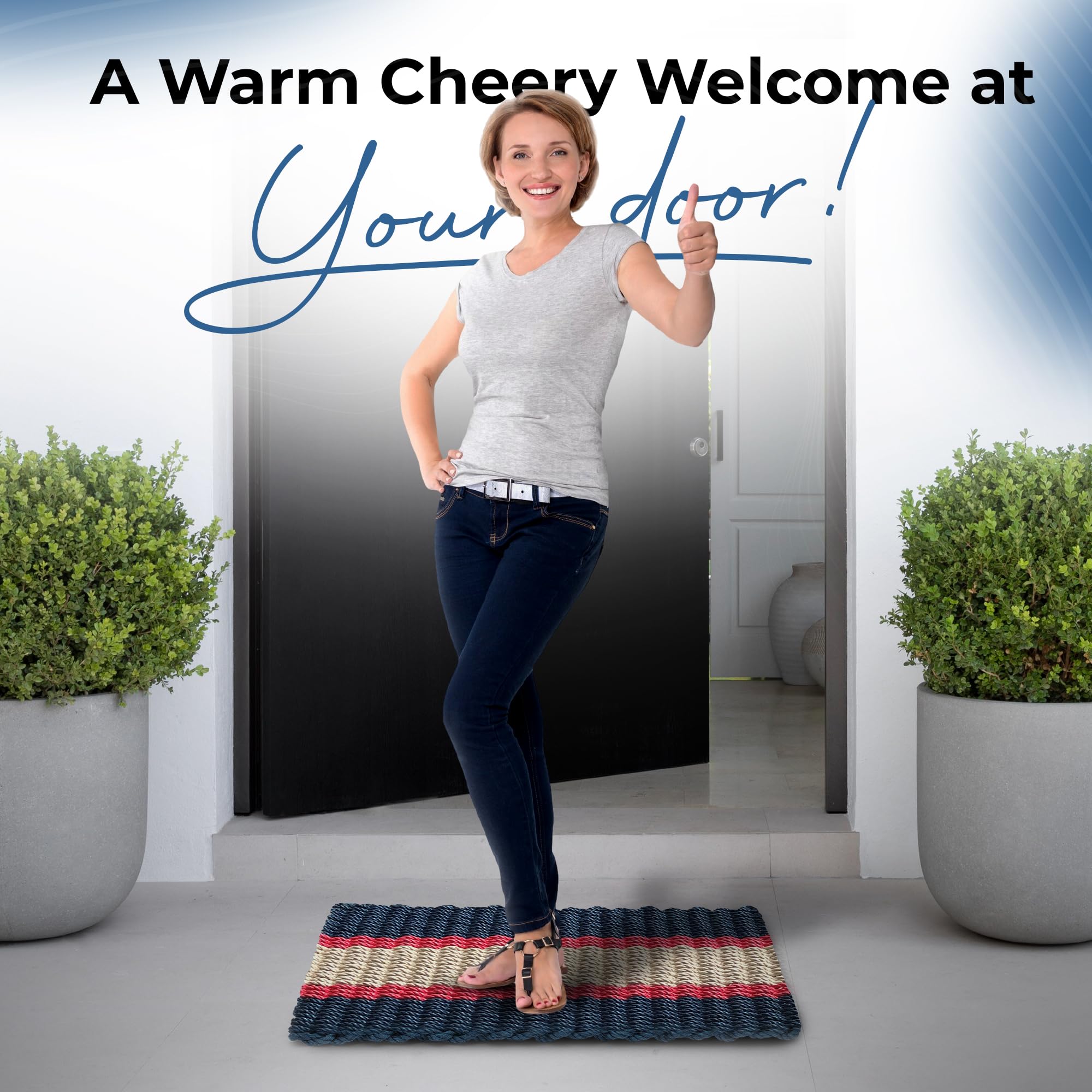 Premium All-Weather Outdoor Door Mat - Original Lobster Rope Woven Doormat for Front Entryway | Durable Nautical Rope Welcome Mat in Navy, Red & Light Tan (24