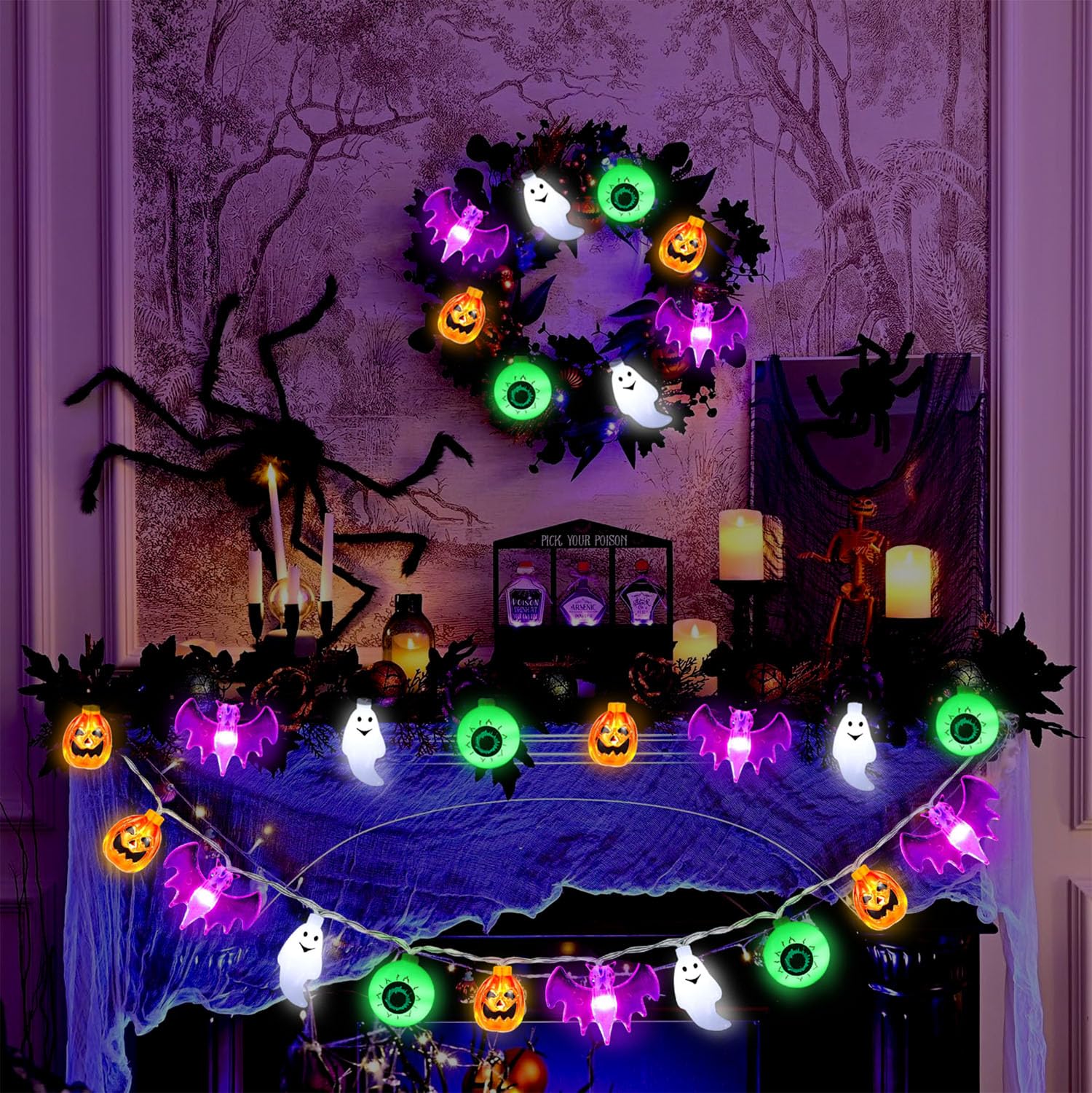 50LED Pumpkin Bat Ghost Eyeball Battery Operated String Lights - Waterproof Fairy Lights for Halloween Party, Home Window, Porch, Gate Decor - Indoor & Outdoor Halloween, Christmas, Garden, Wedding Decorations
