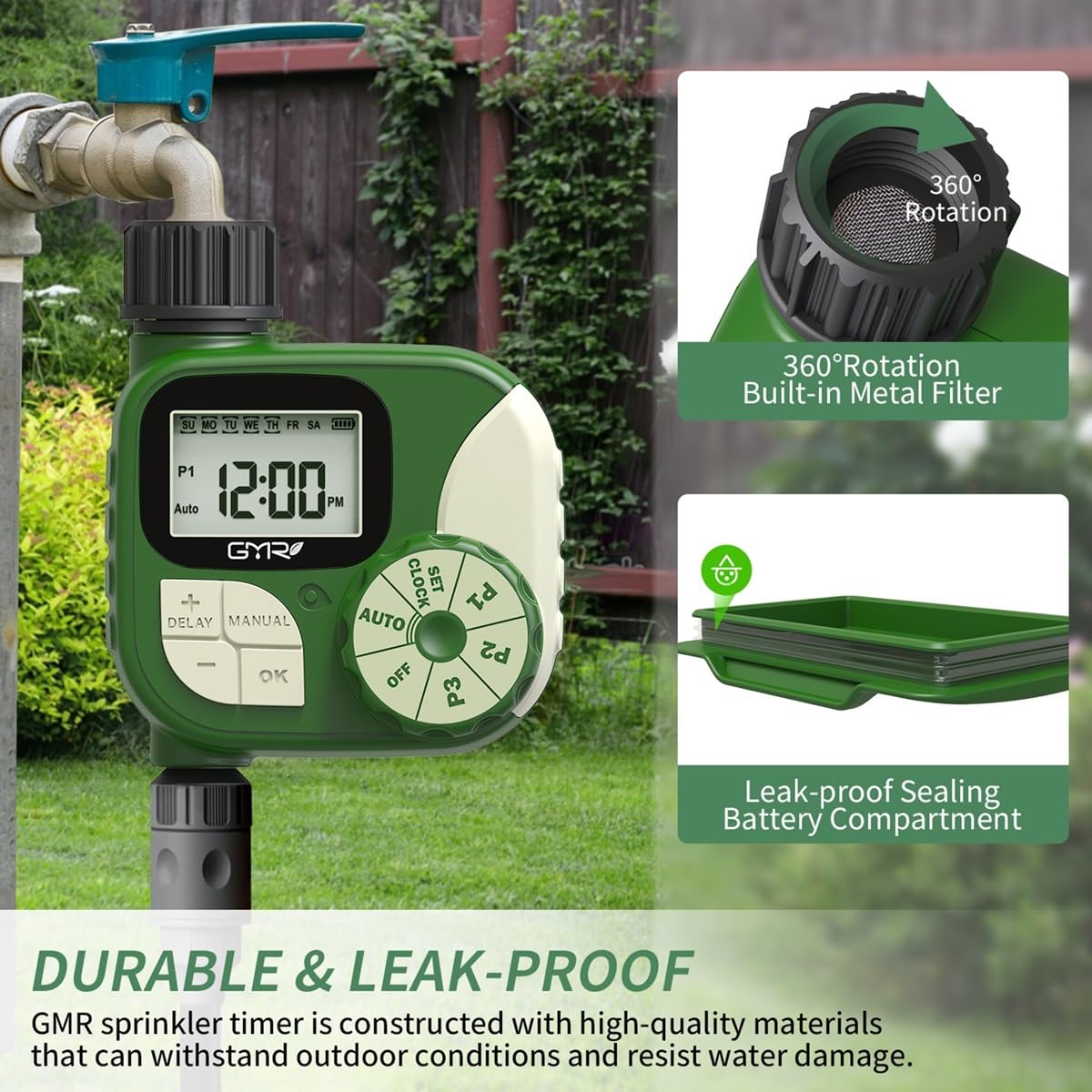 GMR Sprinkler Timer - Smart Water Timer for Garden Hose with 3 Programs, Rain Delay & Auto Watering System - Perfect for Lawn, Garden & Plant Irrigation (1 Outlet)
