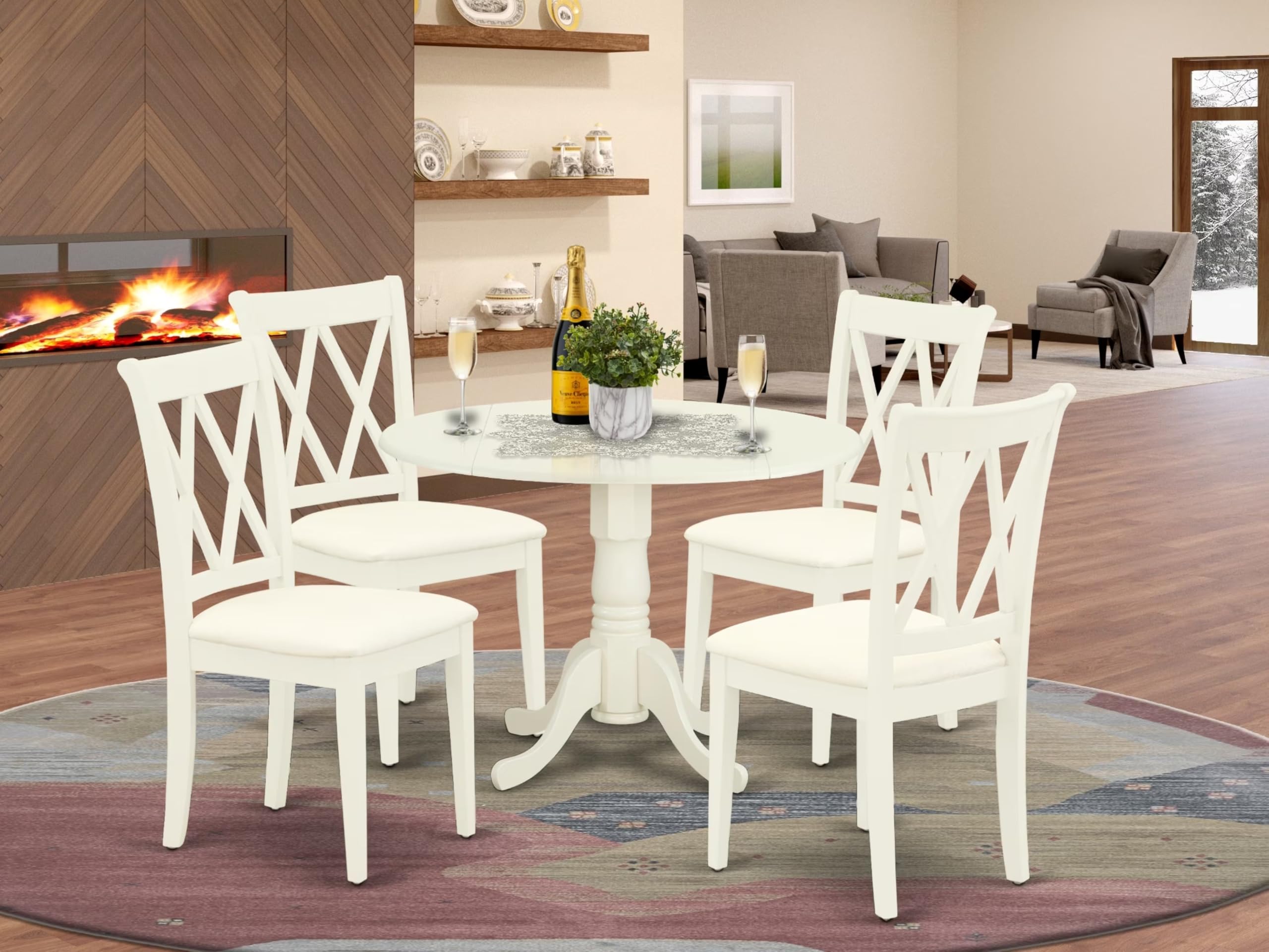 East West Furniture DLCL5-WHI-C 5-Piece White Linen Dining Set with Round Drop-Leaf Table & 4 Upholstered Chairs, 42x42 Inch - Perfect for Small Spaces, Breakfast Nooks & Cozy Apartment Dining
