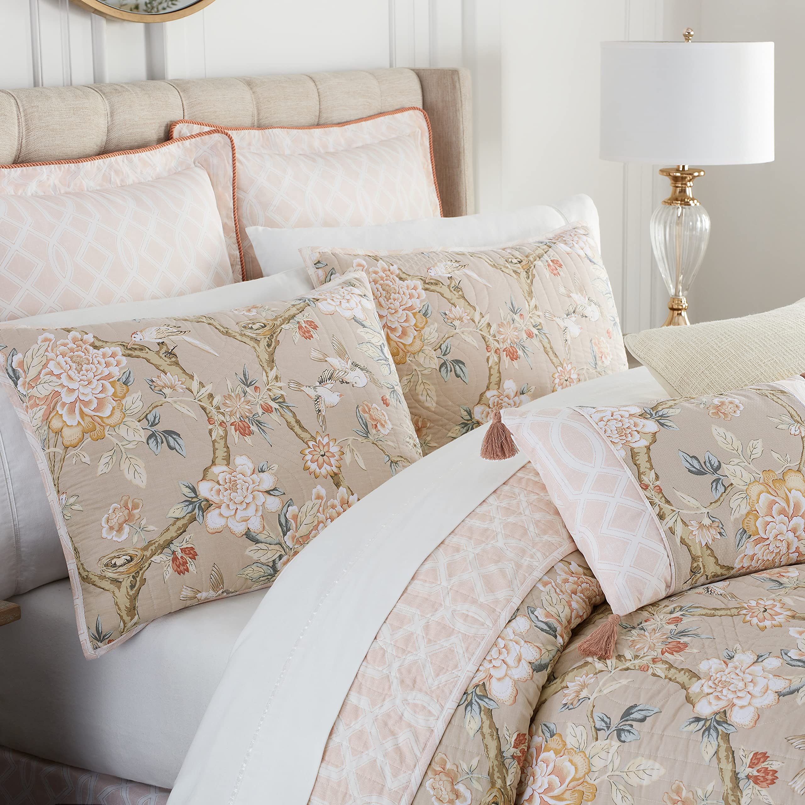 Waverly Peony Gardens 3-Piece Cotton Quilt Set - All Season Embellished Bedding with Quilt, Bed Skirt & Pillow Sham - Machine Washable Twin Size in Taupe - Perfect for Guest Rooms, Dorm Decor & Cozy Bedroom Makeovers