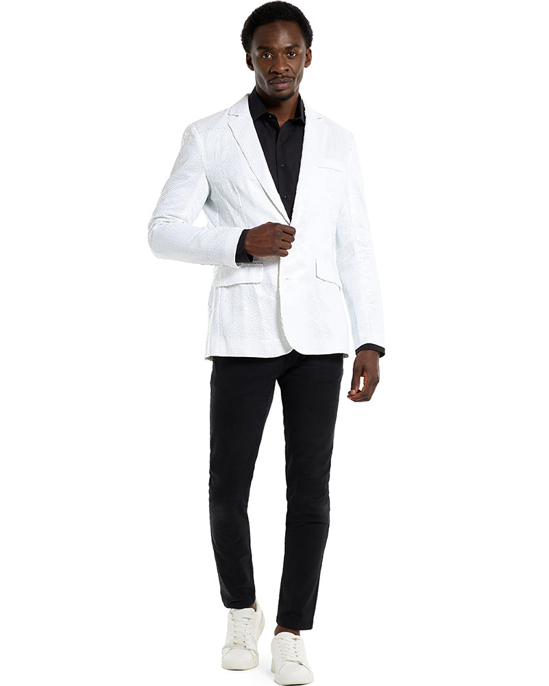 Vintage 70s Sequins White Men's Suit Jacket - Retro Disco Party, Wedding & Special Occasion Formal Wear