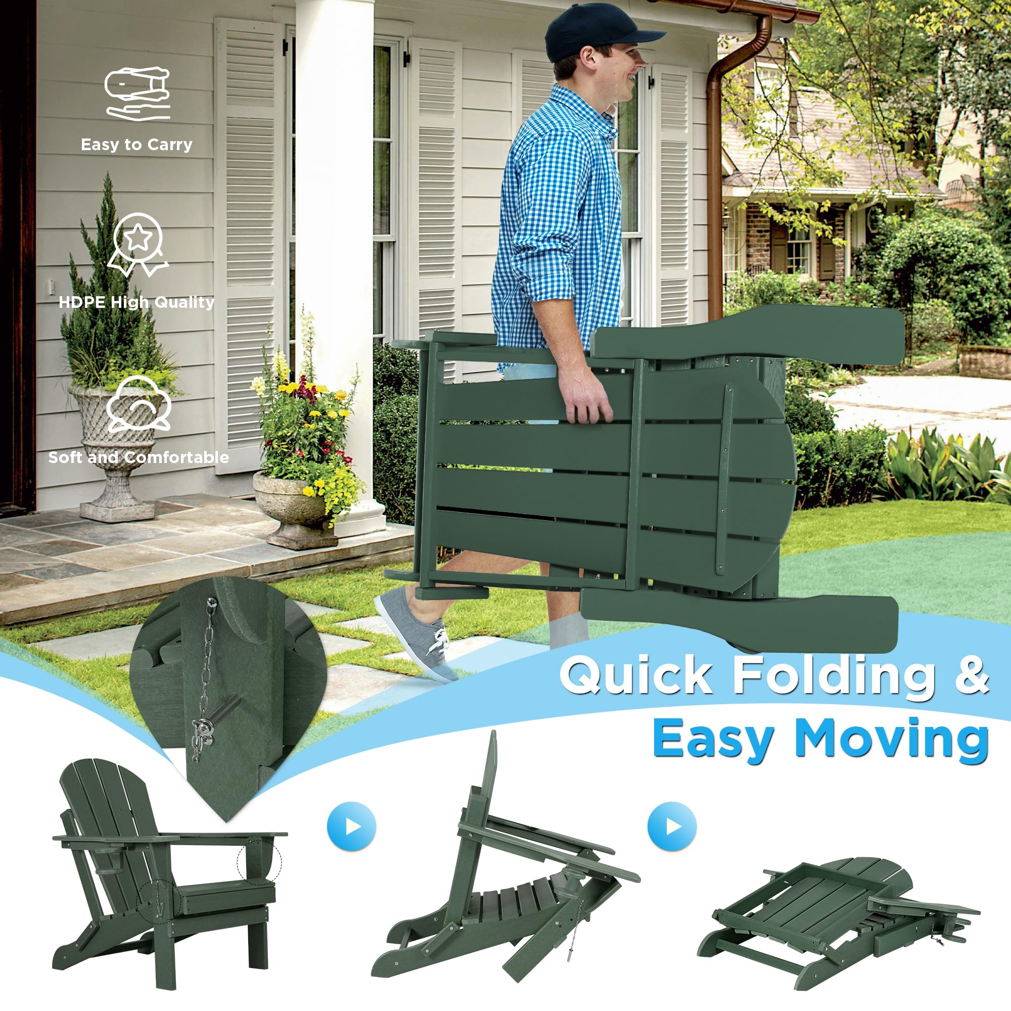 Nalone 2-Pack Folding Adirondack Chairs with Cushions & Cup Holders - HDPE Plastic Oversized Weather-Resistant Outdoor Patio Chairs for Backyard, Deck, Garden, Fire Pit, Camping & Poolside (Green)