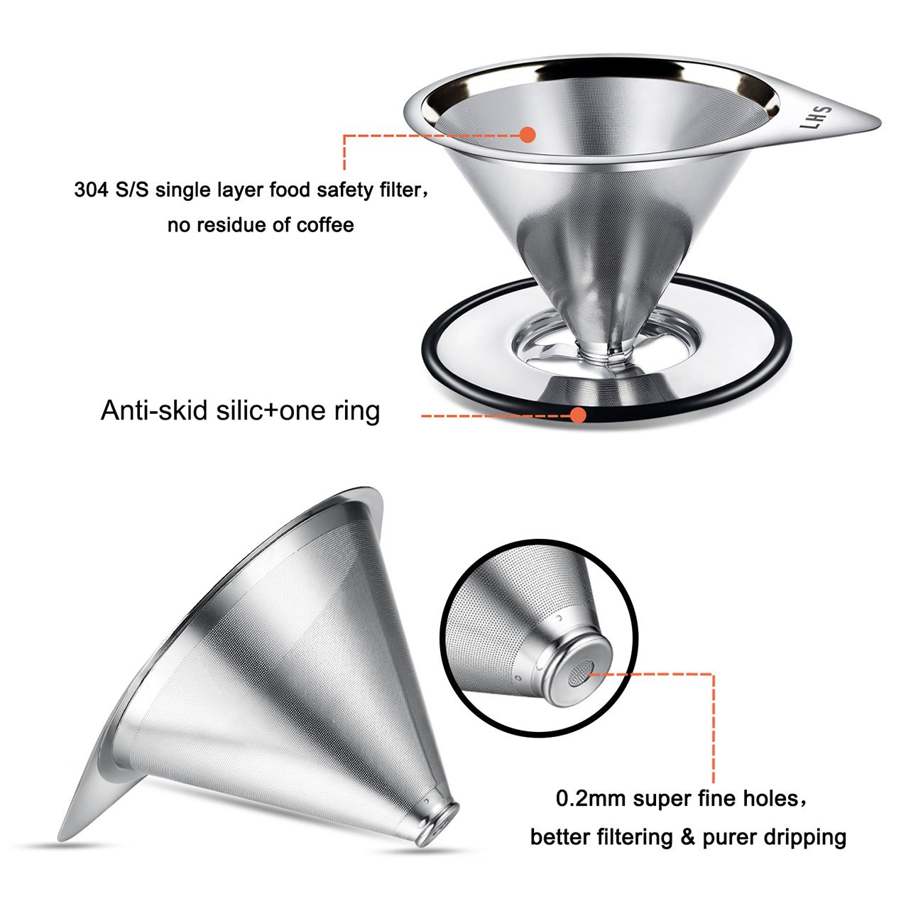 Premium Stainless Steel Pour Over Coffee Dripper - Reusable Metal Cone Filter for 1-4 Cups | Paperless Single Cup Coffee Maker with Non-Slip Stand & Cleaning Brush | Perfect for Home, Office & Camping Brewing