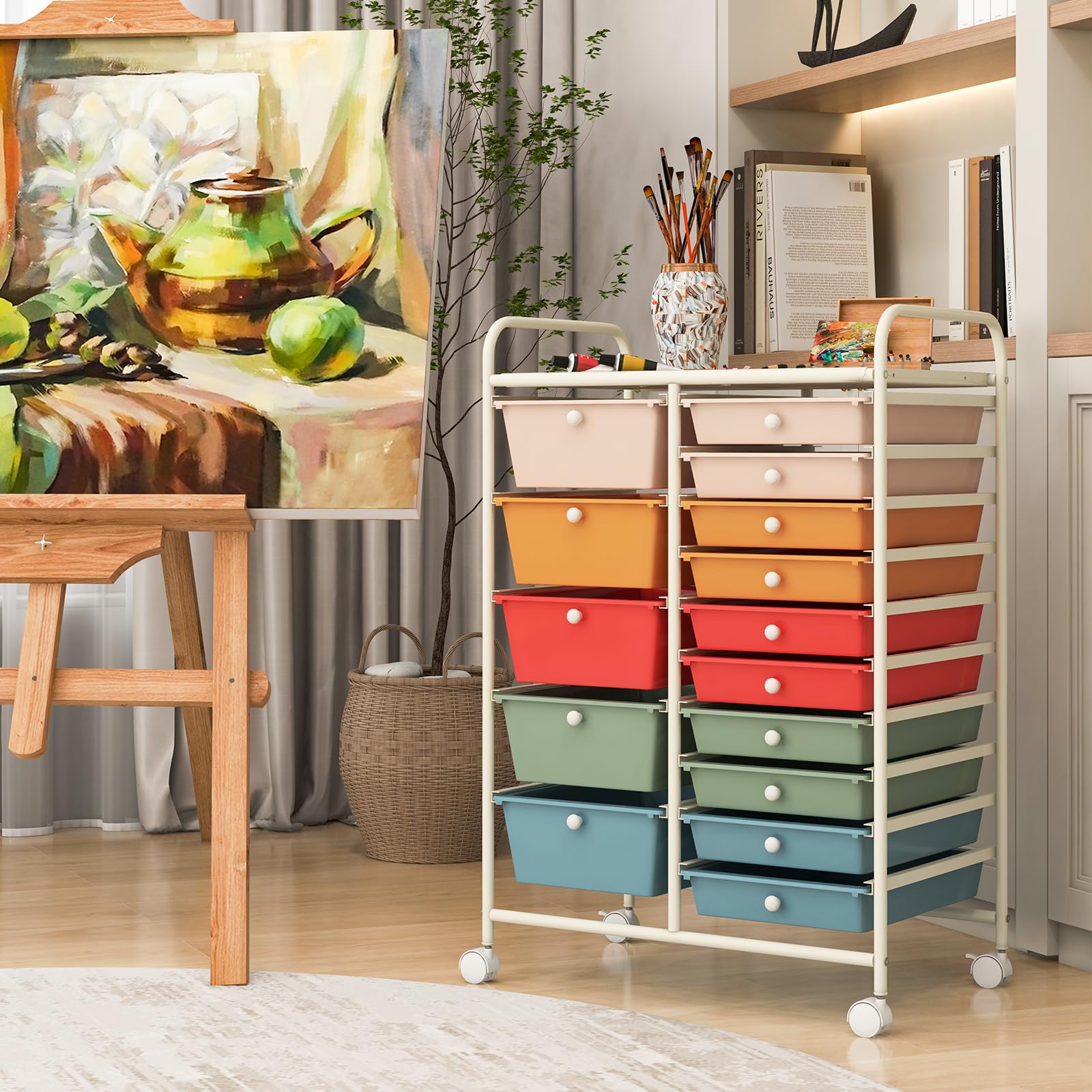Byroce 15-Drawer Rolling Storage Cart - Mobile Organizer for Art Supplies, School Tools & Office Paper - Multipurpose Rolling Utility Cart for Classroom, Craft Room & Home Office (Macaroon) - Perfect for Teachers, Artists & Remote Workers