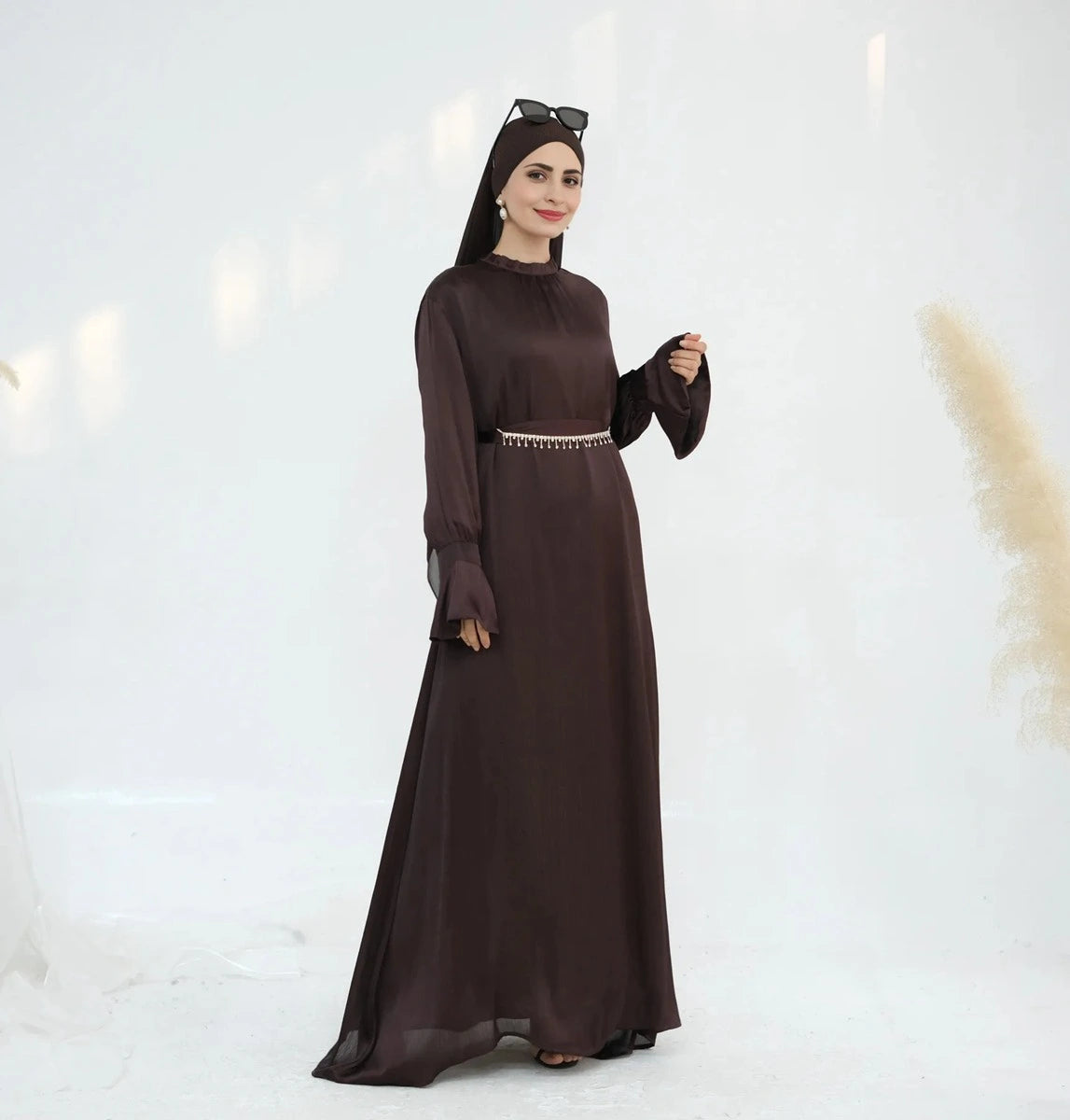 Elegant Satin Abaya Dress with Diamond Chain Belt - Modest Islamic Fashion for Women | Perfect for Prayer, Eid, Wedding & Special Occasions