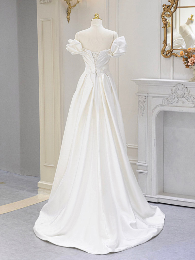 Elegant A-Line Off Shoulder Satin Ivory Long Prom Dress & Bridesmaid Gown - Perfect for Formal Dances, Weddings, and Special Occasions